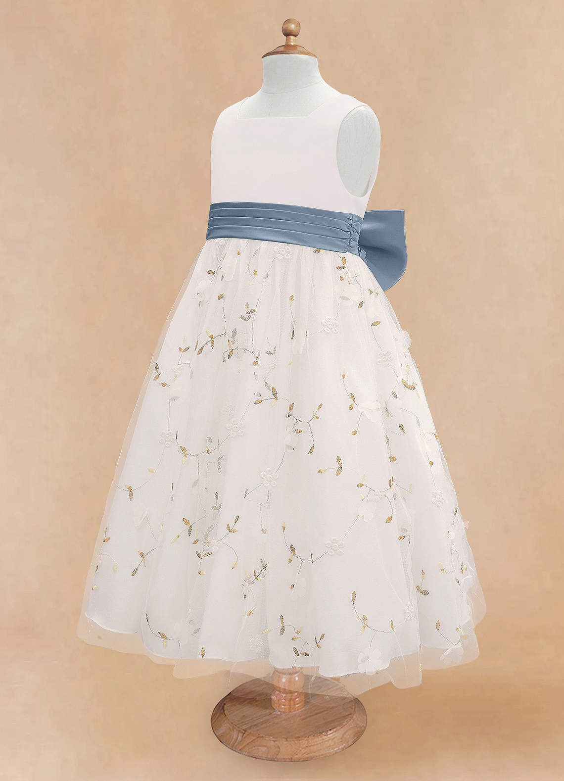Azazie Pollie Flower Girl Dresses Ivory Dusty Blue A-Line Bow Tulle Dress image12