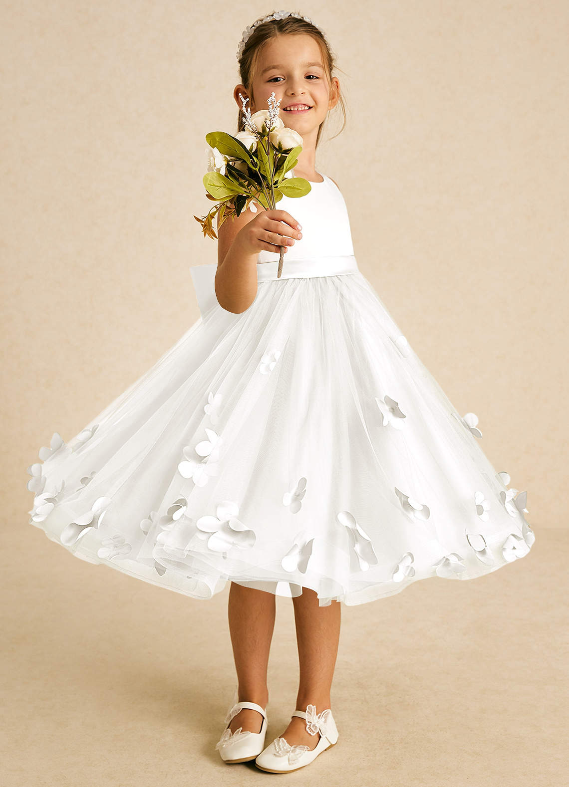 Azazie Sprout Flower Girl Dresses Ivory A-Line Bow Tulle Dress image1