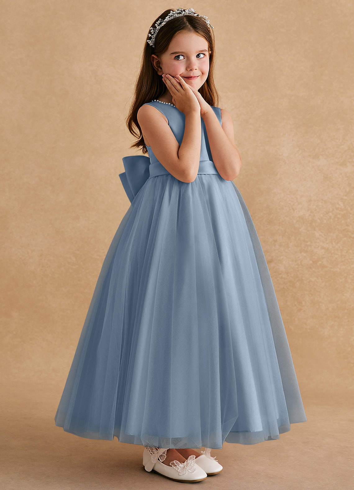 Azazie Cookie Flower Girl Dresses Dusty Blue A-Line Bow Tulle Dress image2