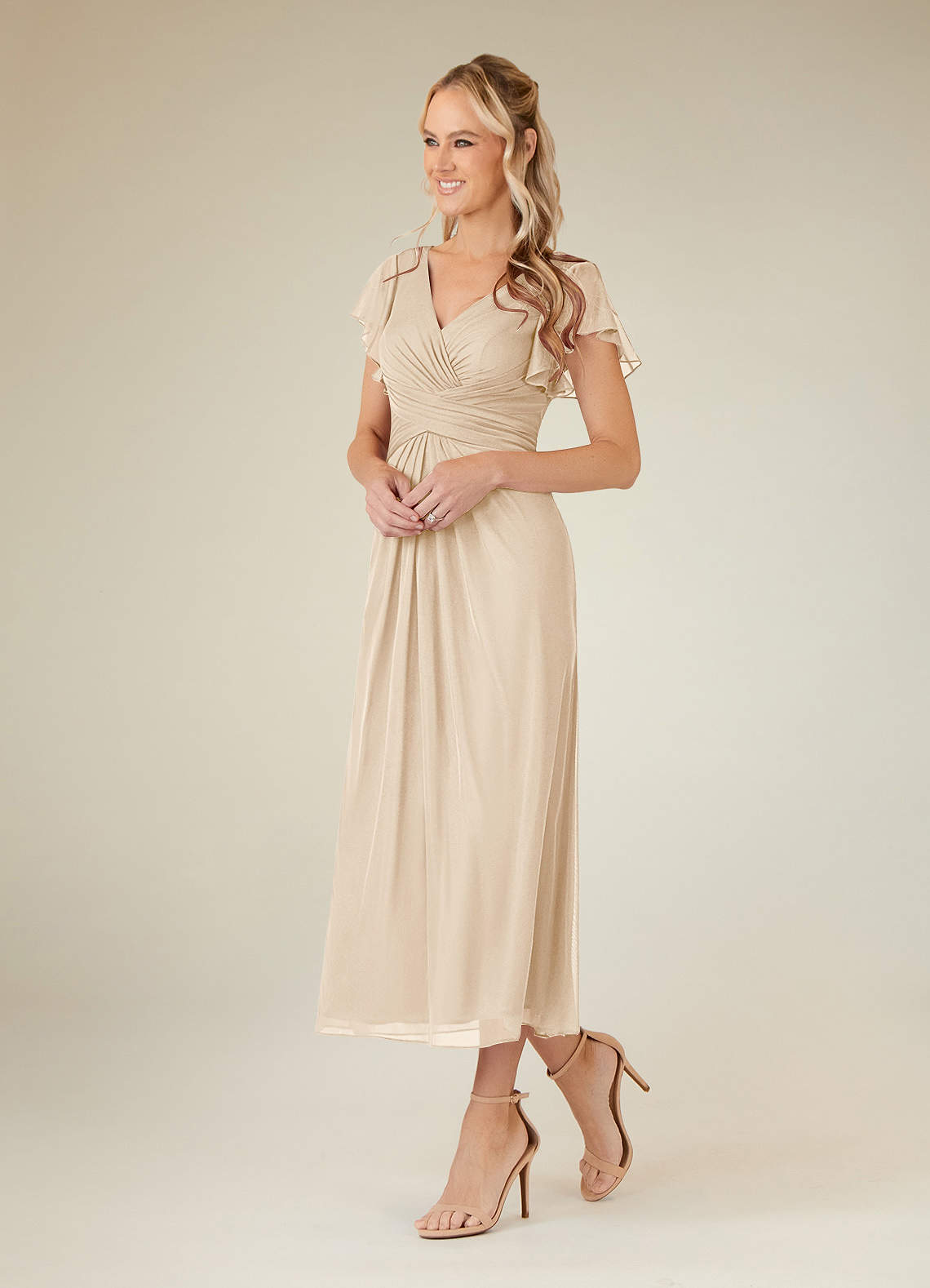 Azazie Vera Mother of the Bride Dresses Champagne A-Line V-Neck Pleated Mesh Dress image1