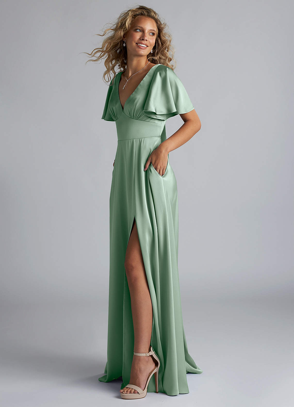 Azazie Kimber At-home Try On Dresses Agave A-Line Ruched Stretch Satin Dress image5