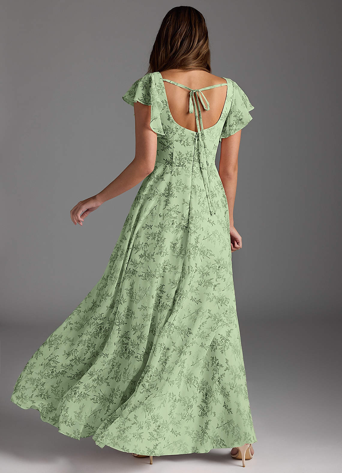 Azazie Bondi Bridesmaid Dresses Green Fern Floral A-Line Ruffled Chiffon Dress image4