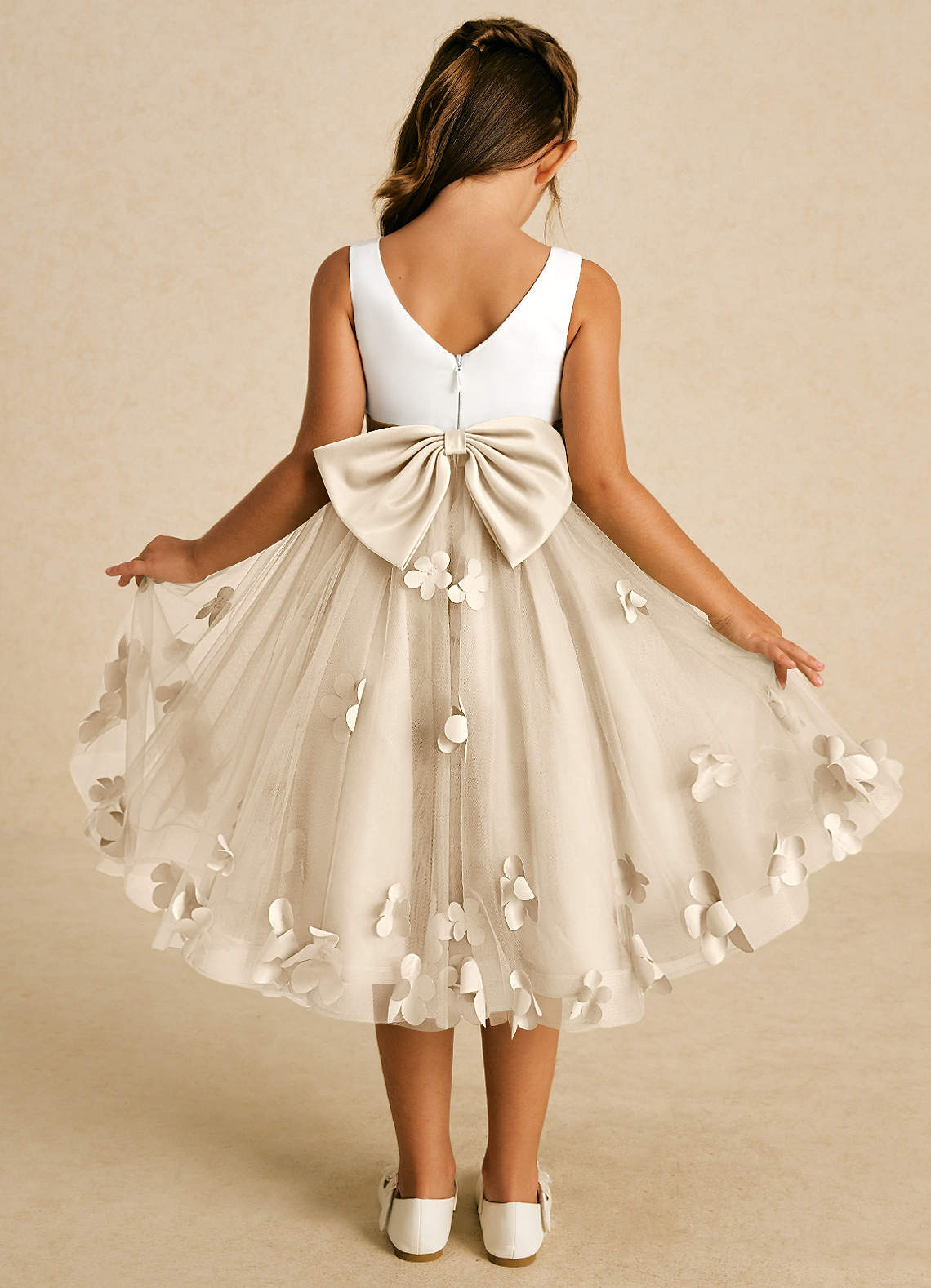 Azazie Sprout Flower Girl Dresses Champagne A-Line Bow Tulle Dress image1