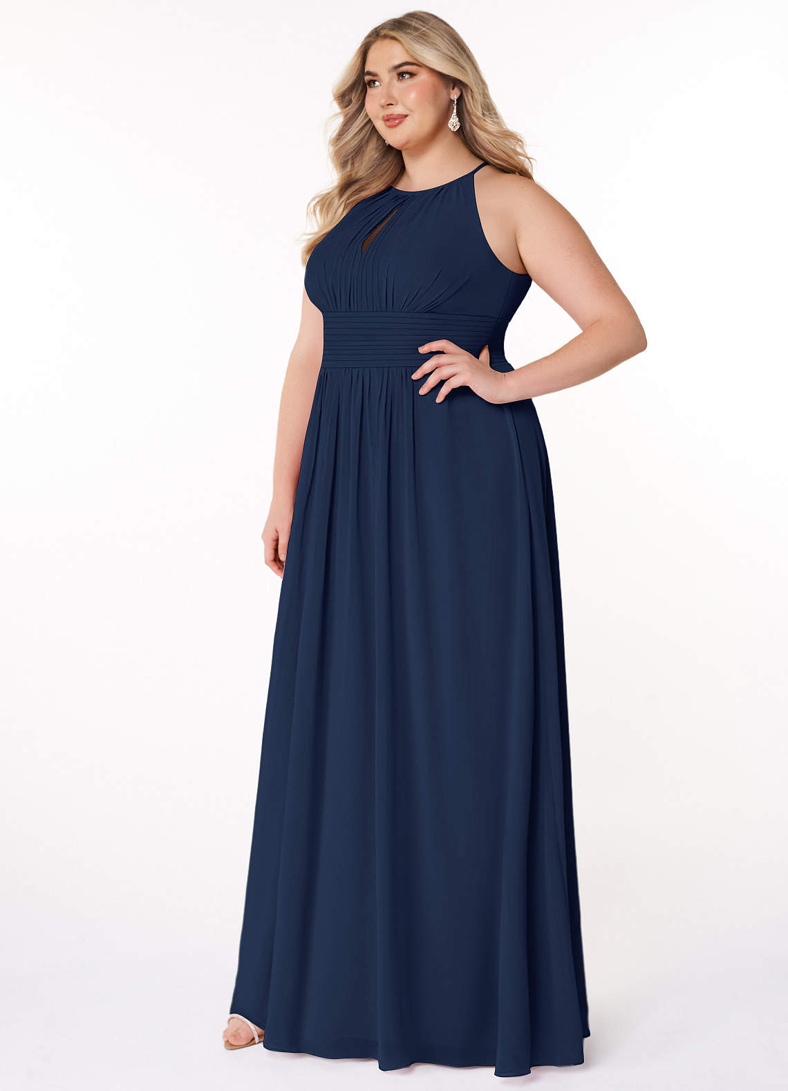 Azazie Bonnie At-home Try On Dresses Dark Navy A-Line Keyhole Ruched Chiffon Dress image7