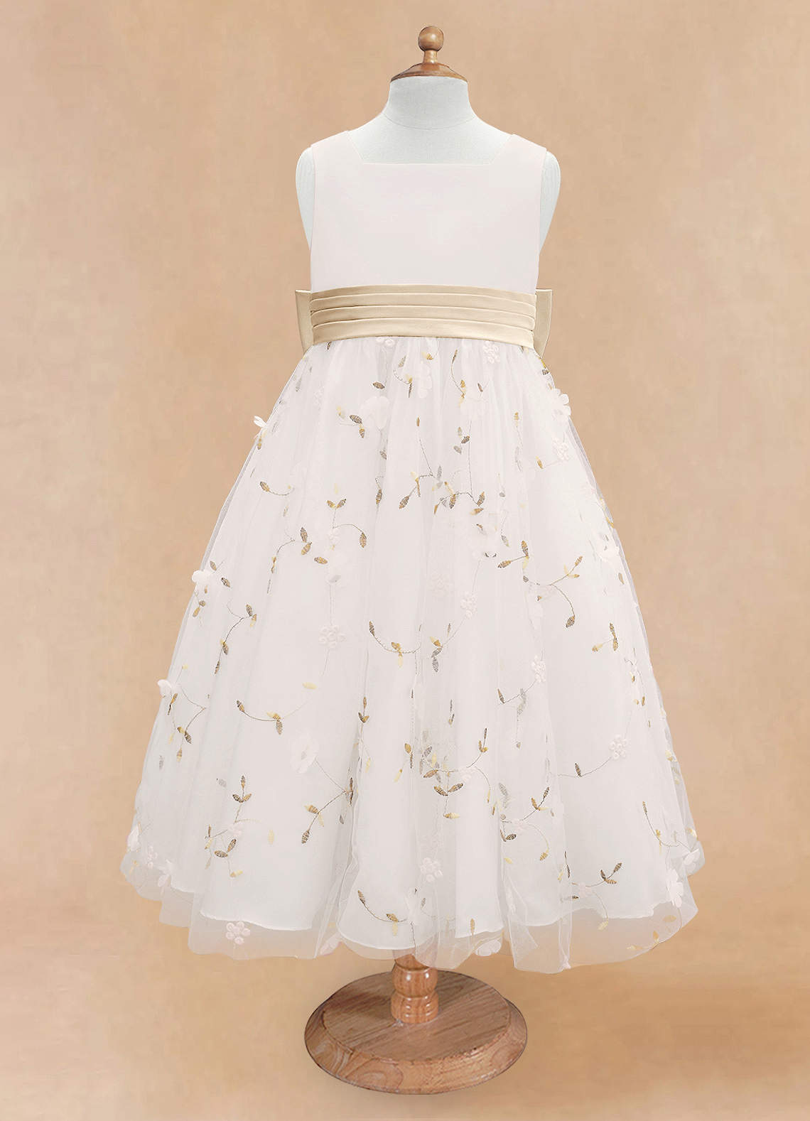 Azazie Pollie Flower Girl Dresses Ivory Champagne A-Line Bow Tulle Dress image10