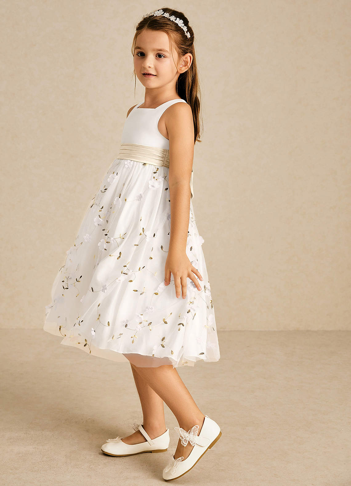 Azazie Pollie Flower Girl Dresses Ivory Champagne A-Line Bow Tulle Dress image4