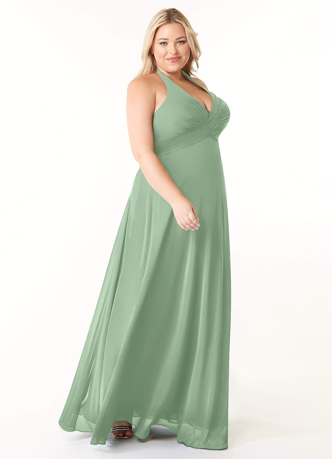 Azazie Tessie At-home Try On Dresses Matcha A-Line V-Neck Pleated Chiffon Dress image7