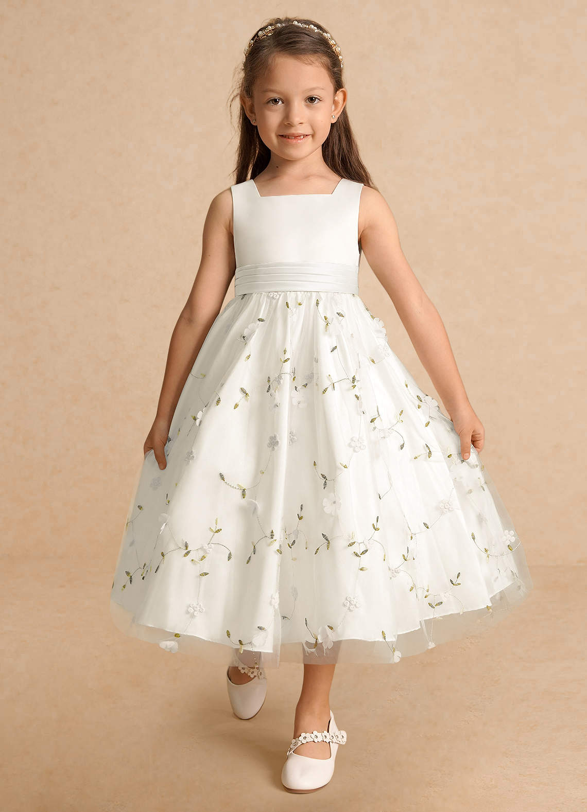 Azazie Pollie Flower Girl Dresses Ivory A-Line Bow Tulle Dress image3