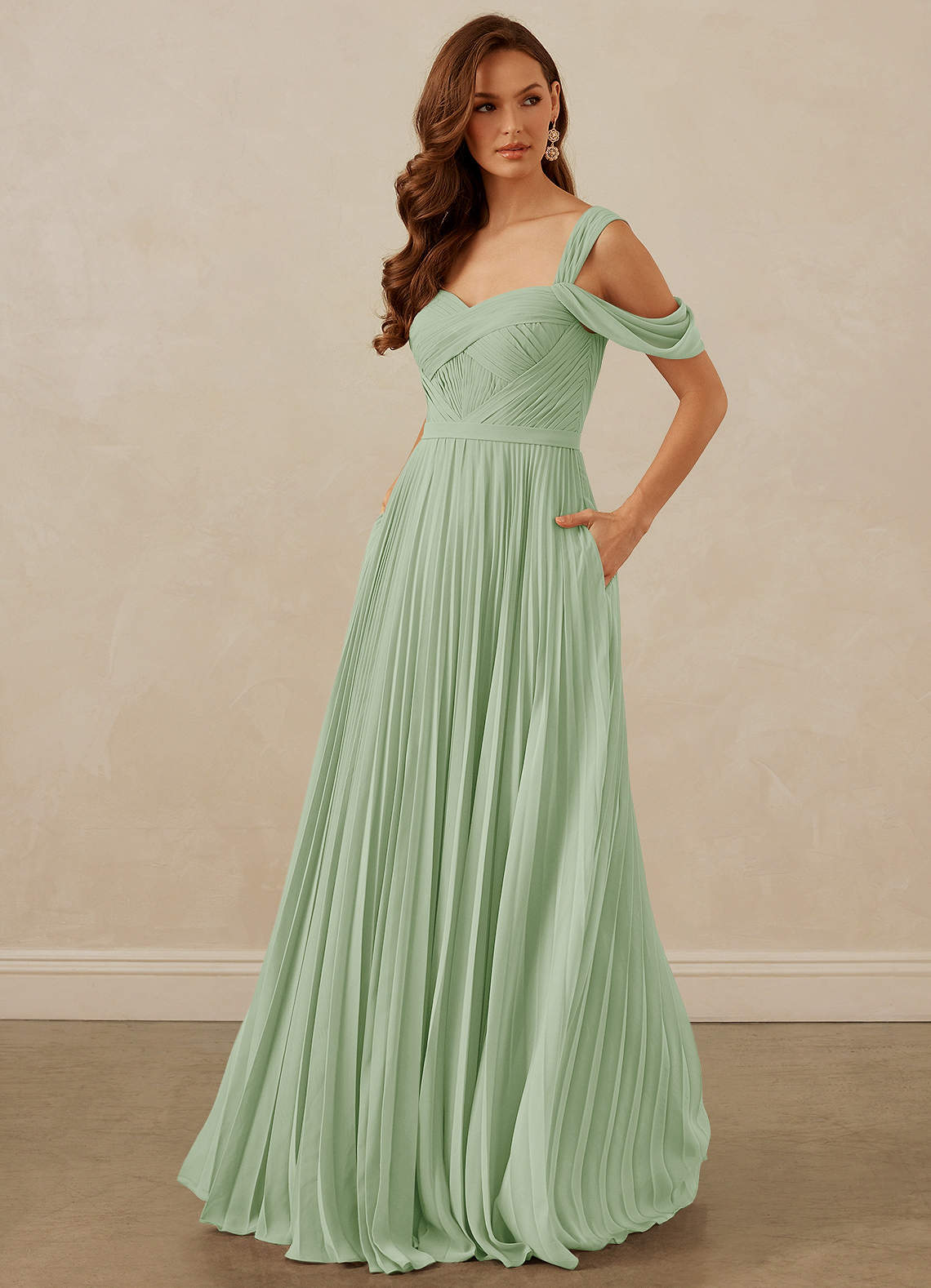 Christian Siriano Bridal for Azazie 1013 Bridesmaid Dresses Pleated Off Shoulder Chiffon A-Line Dress image1