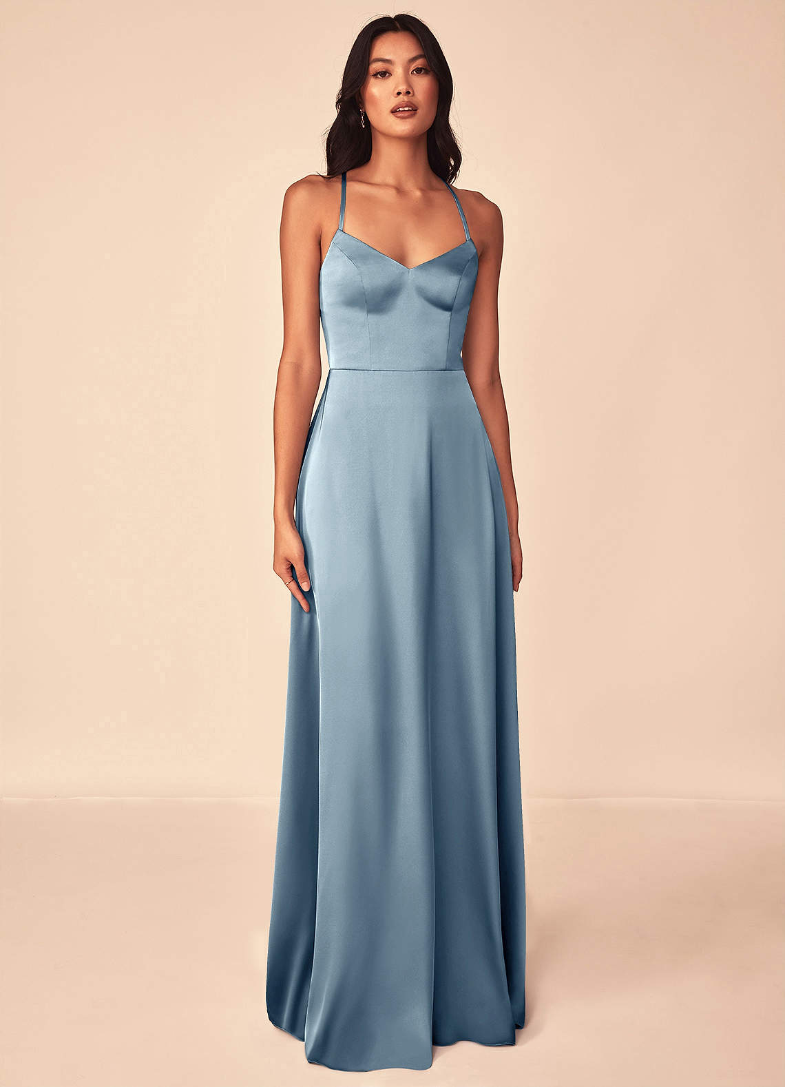 Azazie Mei Bridesmaid Dresses Dusty Blue A-Line V-Neck Stretch Satin Dress image1