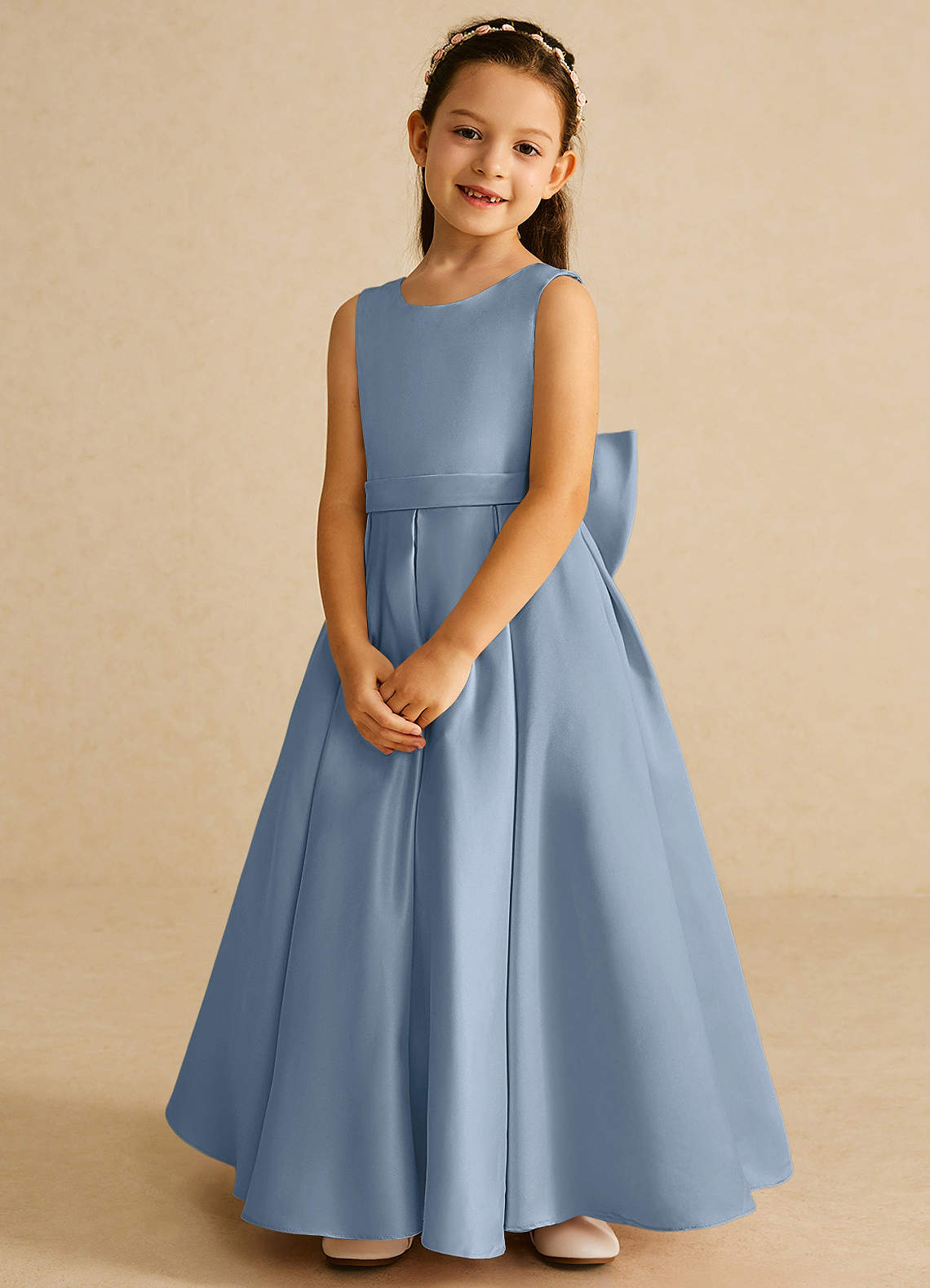 Azazie Pipsy Flower Girl Dresses Dusty Blue A-Line Bow Matte Satin Dress image3