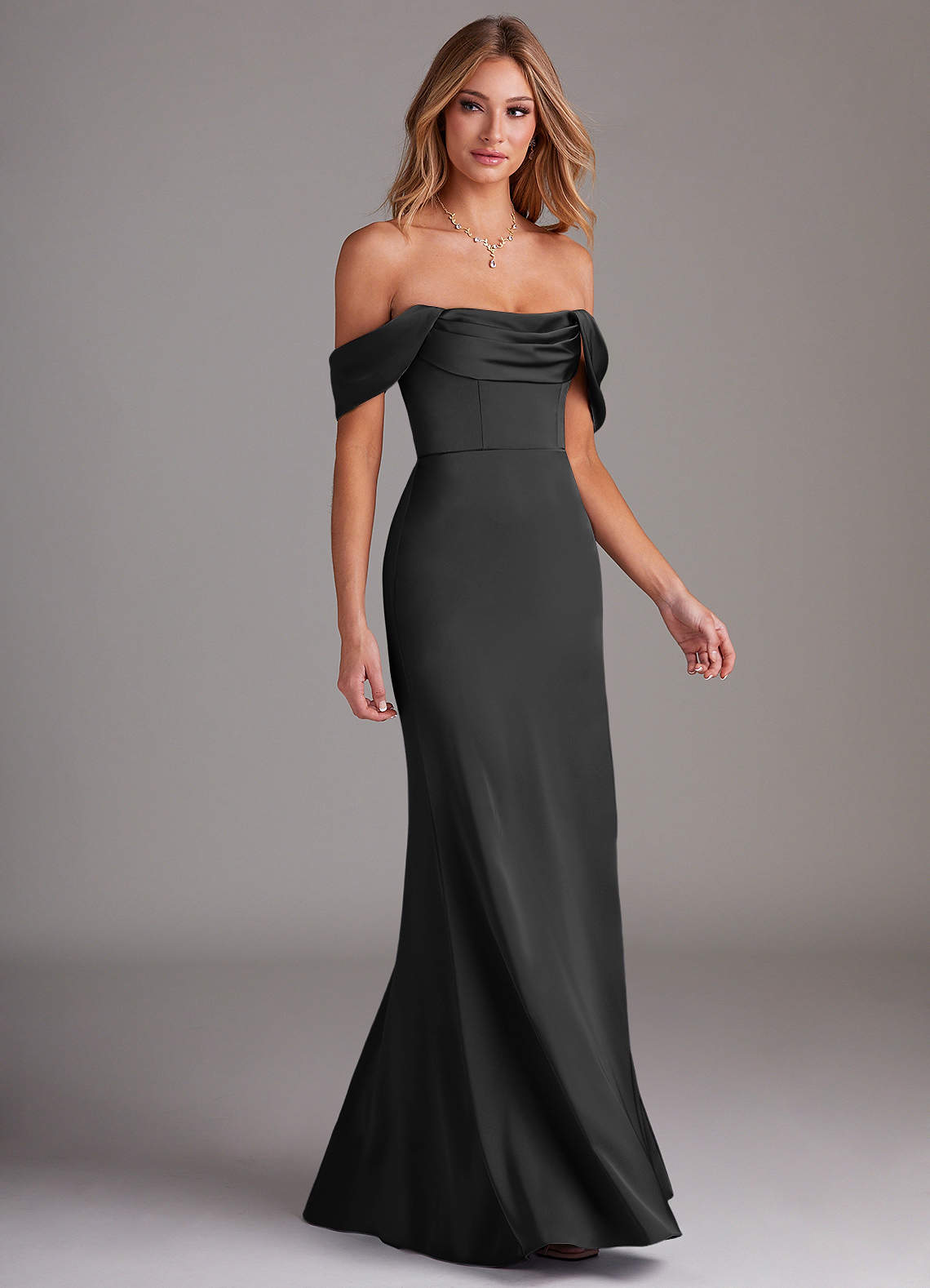 Azazie Saige At-home Try On Dresses Black Sheath Off the Shoulder Stretch Satin Dress image5