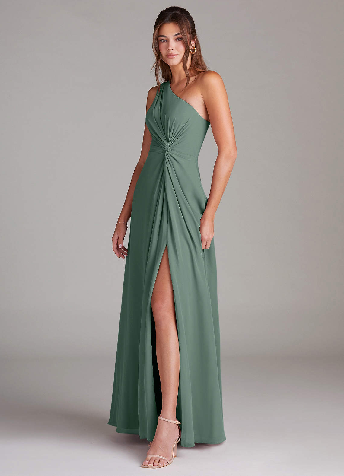 Azazie Brooke Bridesmaid Dresses Eucalyptus A-Line One Shoulder Chiffon Dress image4