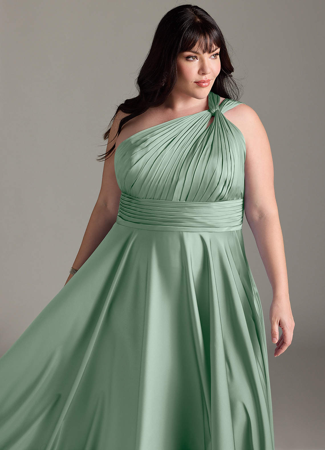 Azazie Charlize At-home Try On Dresses Agave A-Line One Shoulder Stretch Satin Dress image14