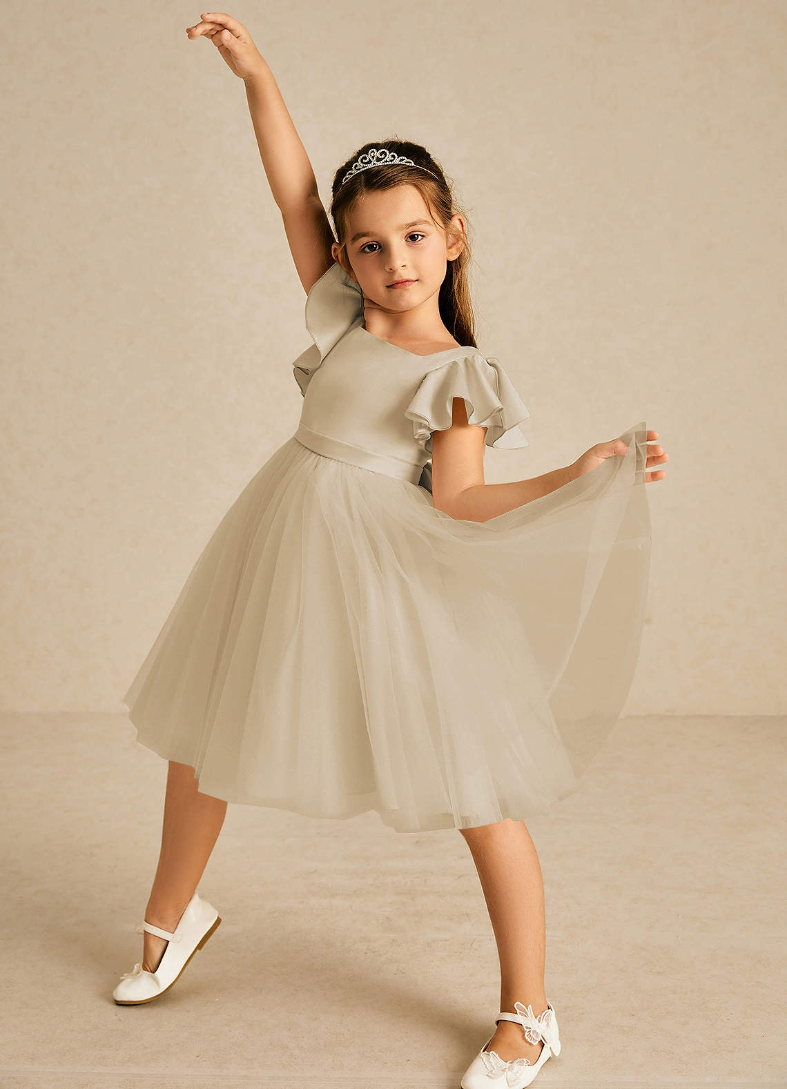 Azazie Kaeya Flower Girl Dresses Champagne A-Line Bow Tulle Dress image1