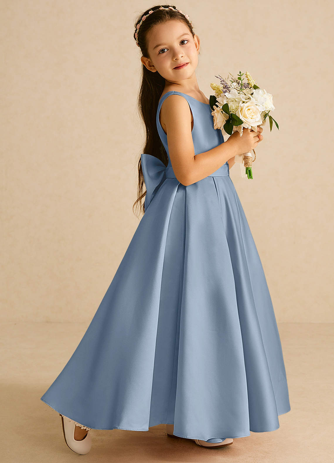 Azazie Pipsy Flower Girl Dresses Dusty Blue A-Line Bow Matte Satin Dress image2