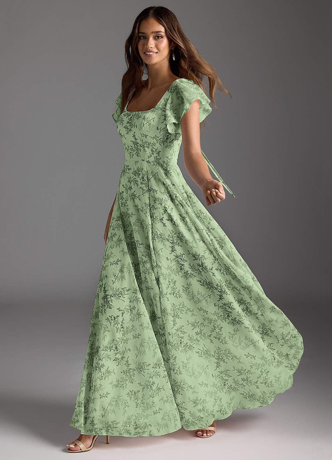 Azazie Bondi Bridesmaid Dresses Green Fern Floral A-Line Ruffled Chiffon Dress image2