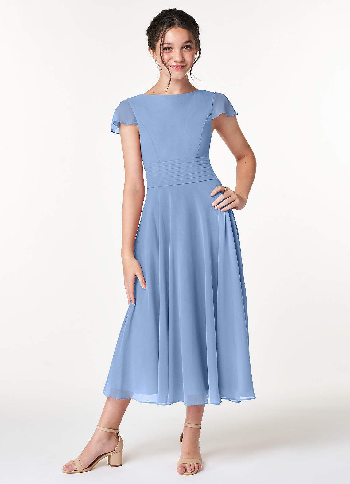 Azazie Payton Junior Steel Blue A-Line Bow Chiffon Dress image1