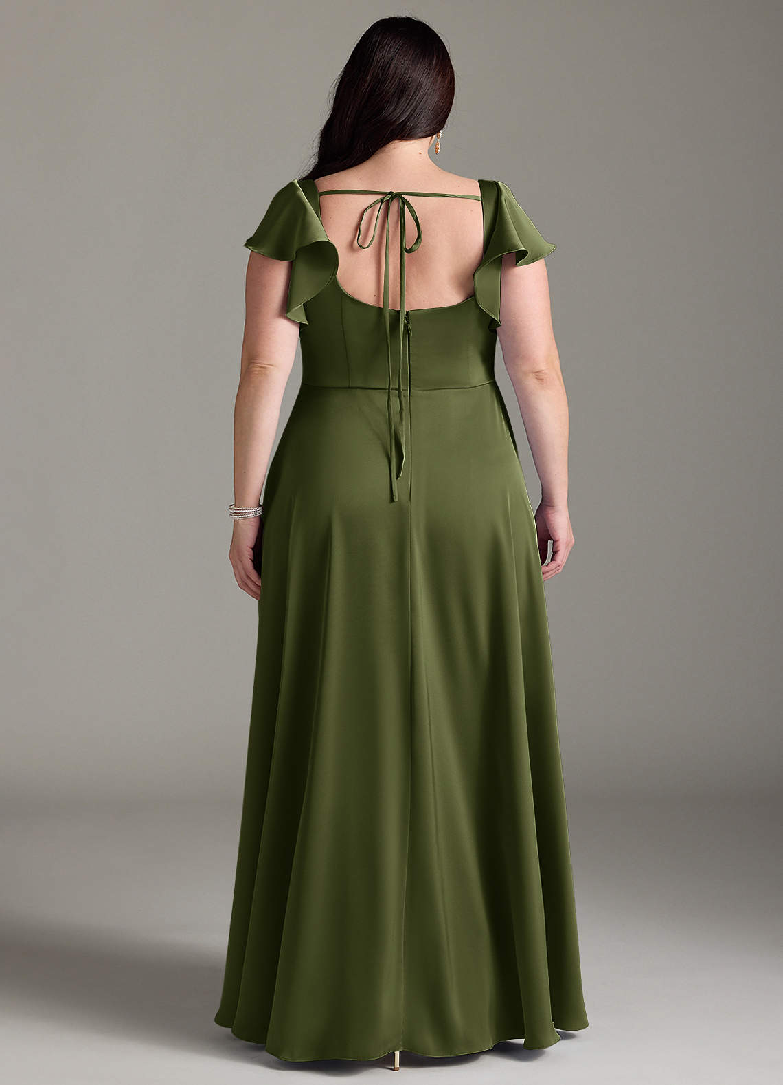 Azazie Bondi Bridesmaid Dresses Olive A-Line Bow Stretch Satin Dress image7