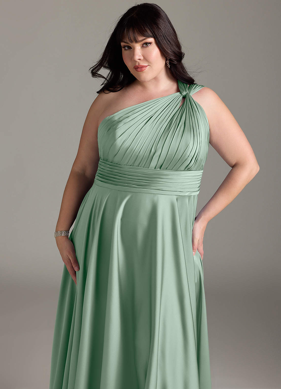 Azazie Charlize At-home Try On Dresses Agave A-Line One Shoulder Stretch Satin Dress image13
