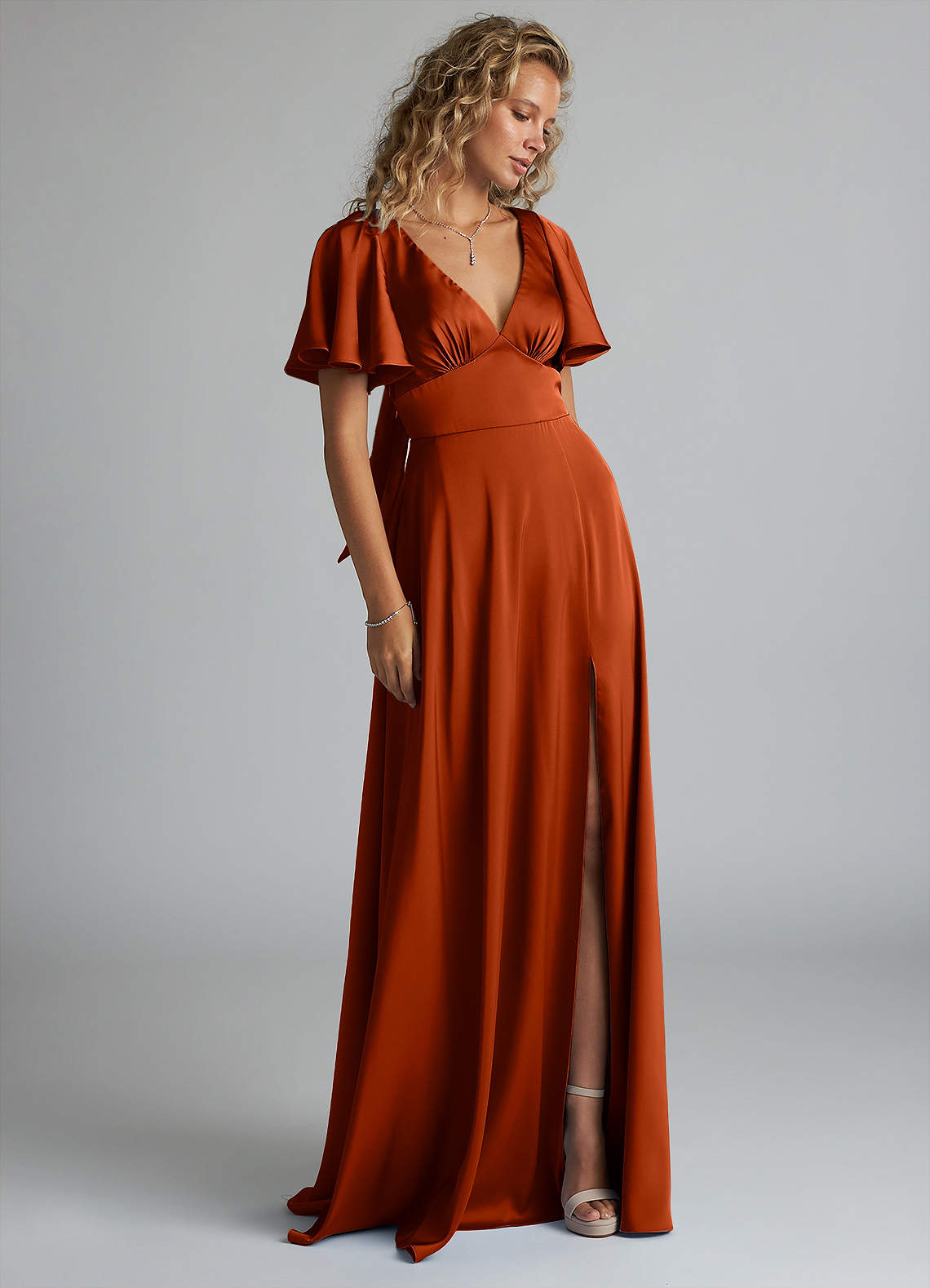 Azazie Kimber Bridesmaid Dresses Paprika A-Line Ruched Stretch Satin Dress image3