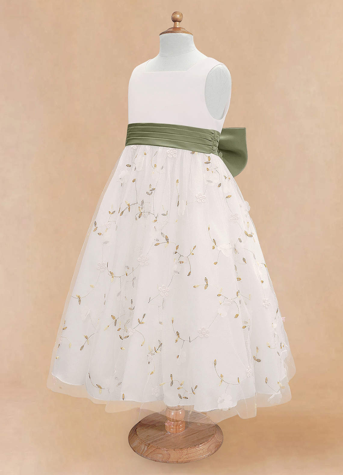 Azazie Pollie Flower Girl Dresses Ivory Pistachio A-Line Bow Tulle Dress image12