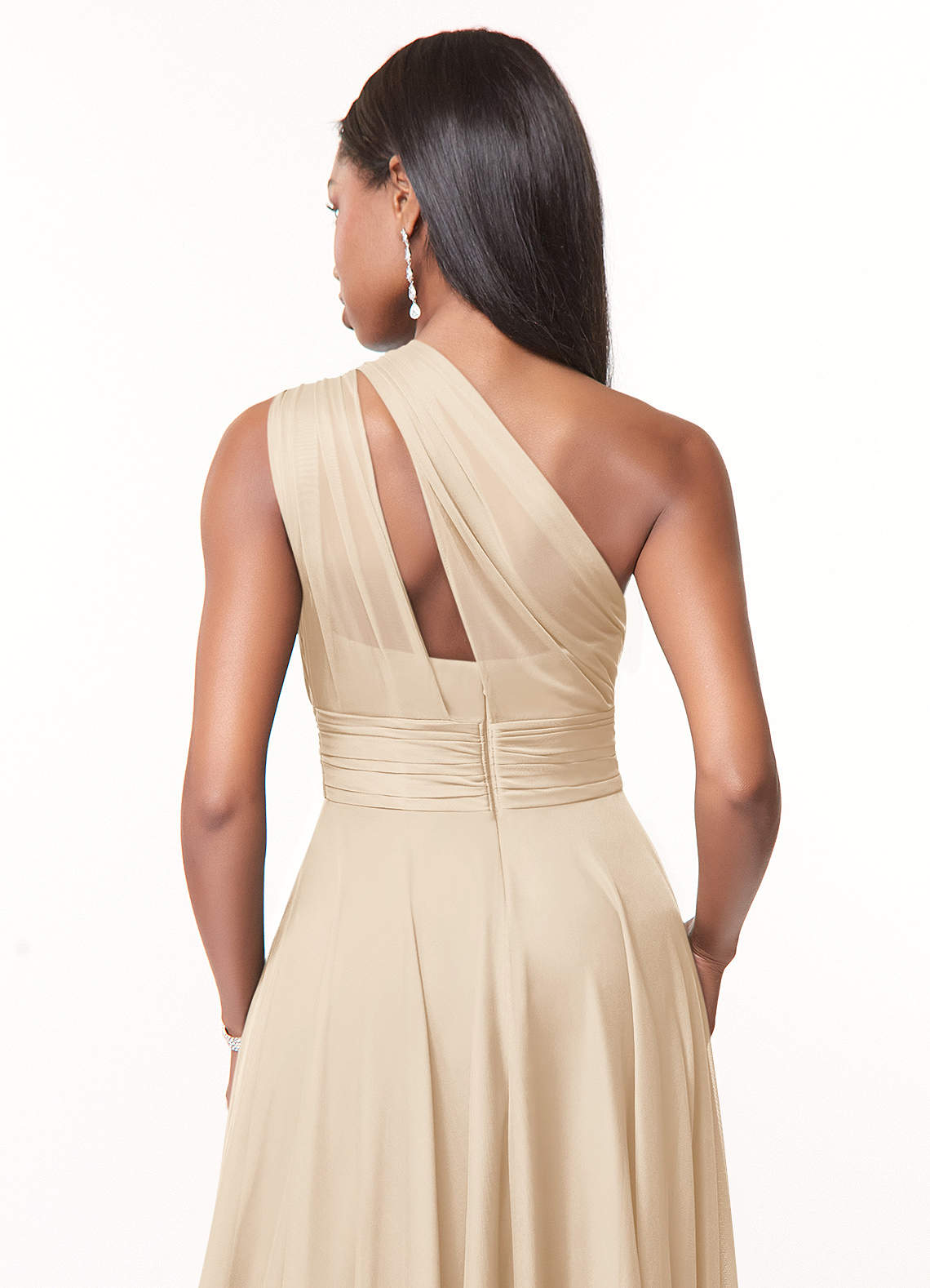 Azazie Charlize Bridesmaid Dresses Champagne A-Line One Shoulder Mesh Dress image3