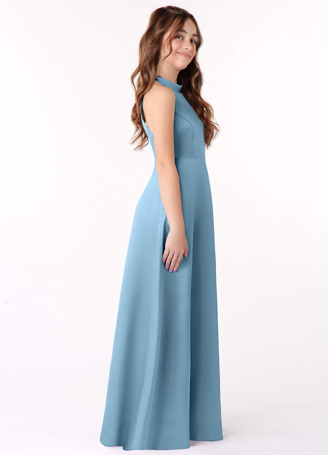 Azazie Laurel Junior Steel Blue A-Line Stretch Satin Dress image1