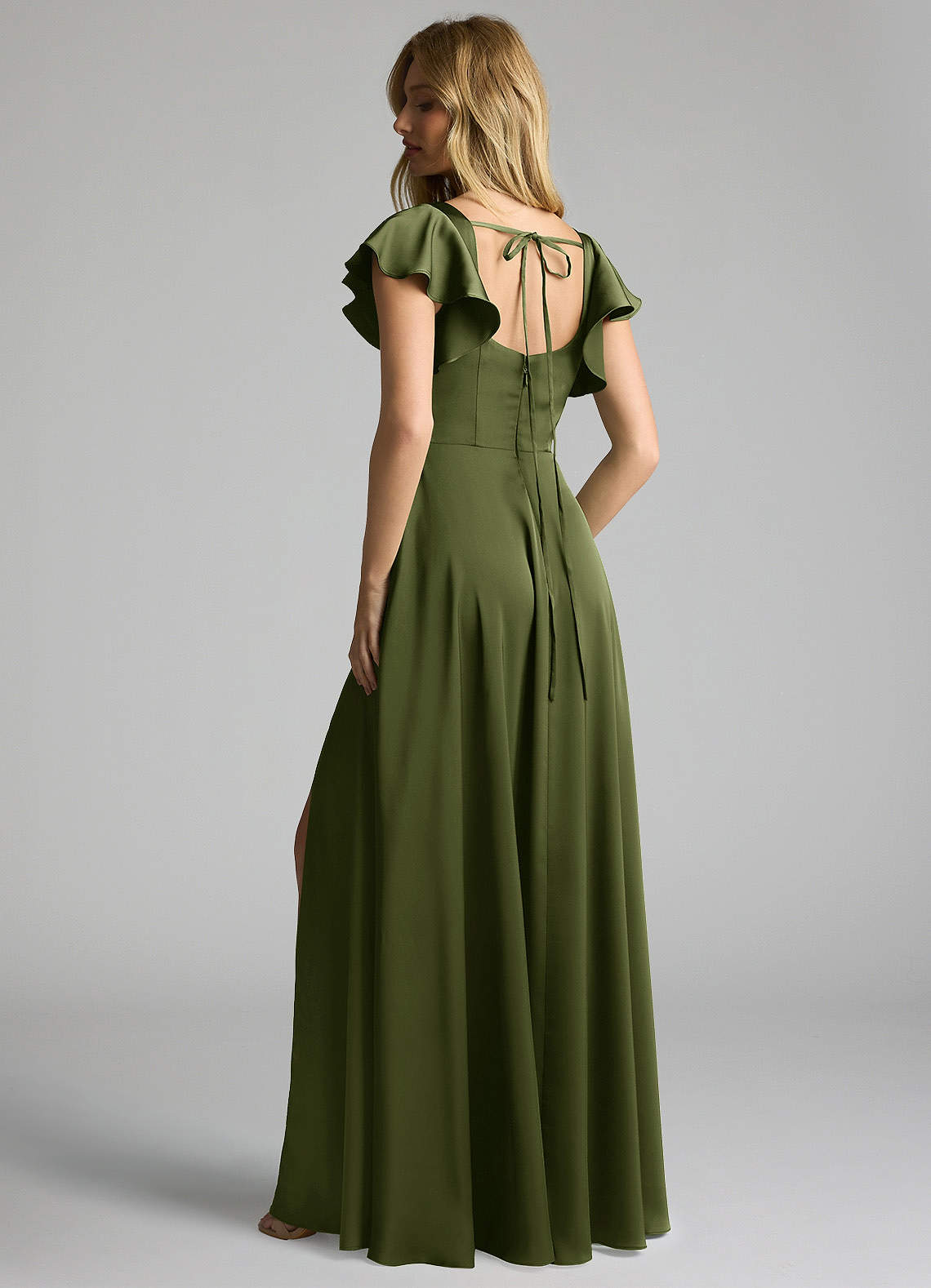 Azazie Bondi Bridesmaid Dresses Olive A-Line Bow Stretch Satin Dress image2