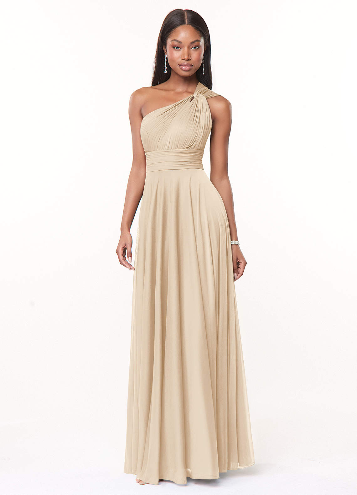 Azazie Charlize Bridesmaid Dresses Champagne A-Line One Shoulder Mesh Dress image2