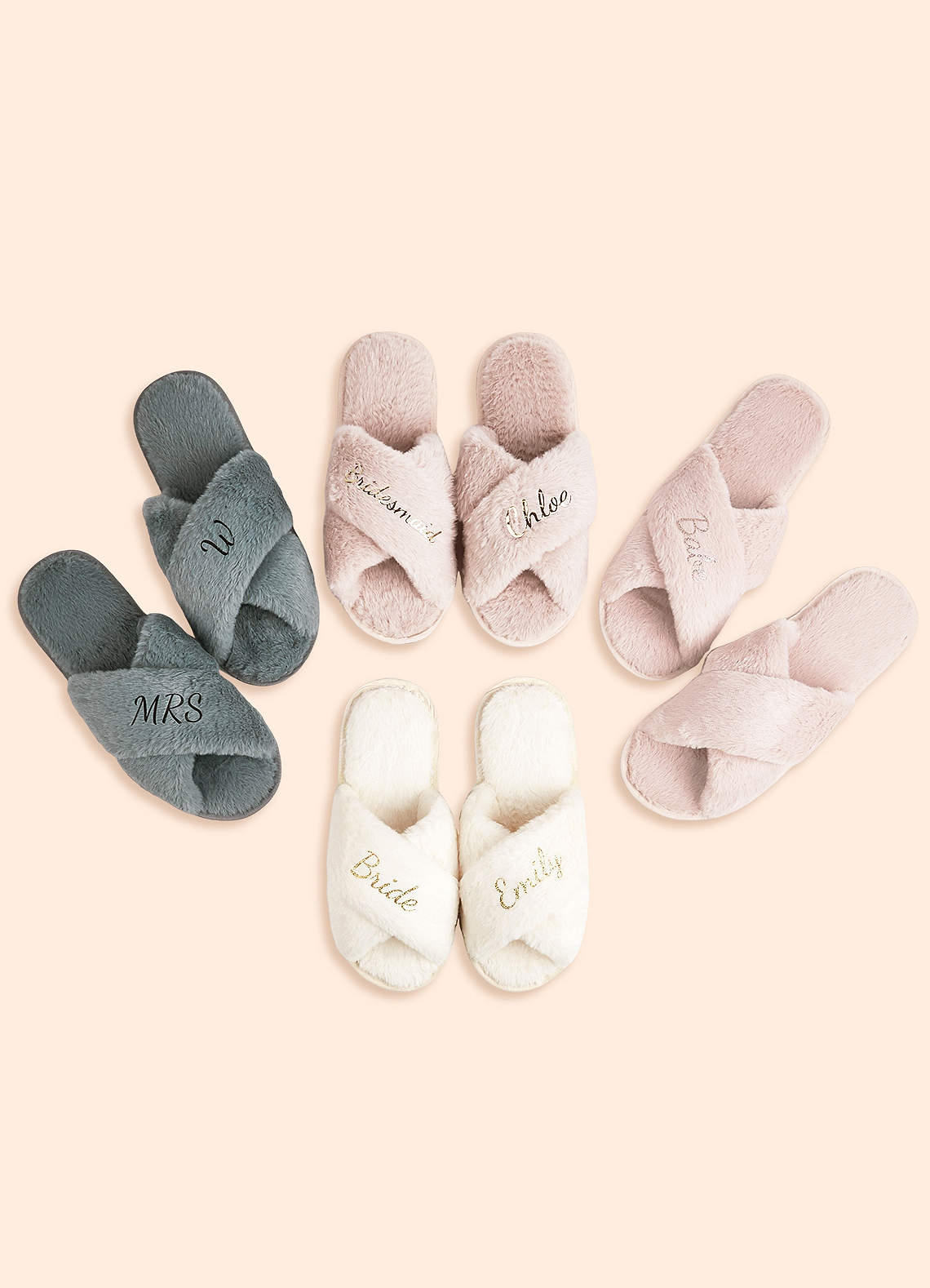 front Personalized Bridesmaid Fluffy Cross Slippers