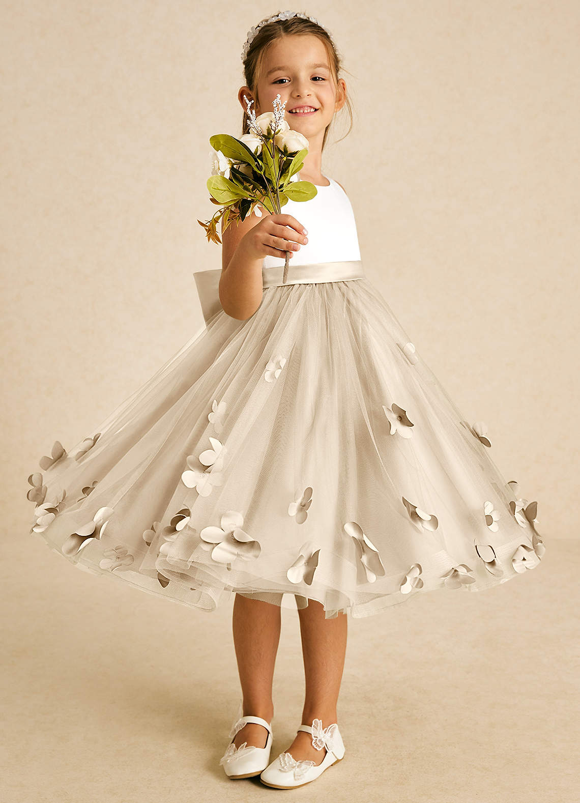 Azazie Sprout Flower Girl Dresses Champagne A-Line Bow Tulle Dress image1