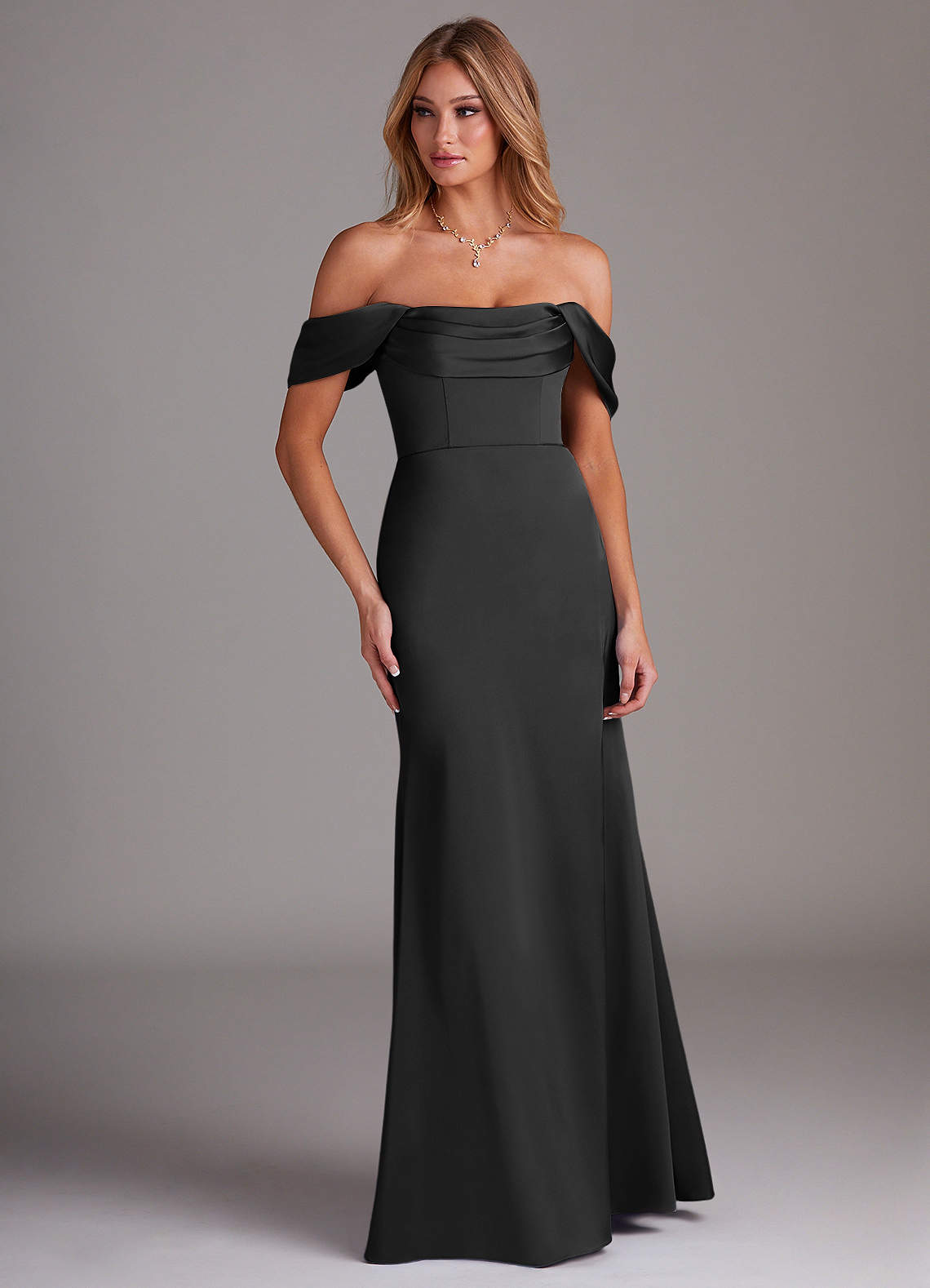 Azazie Saige At-home Try On Dresses Black Sheath Off the Shoulder Stretch Satin Dress image3