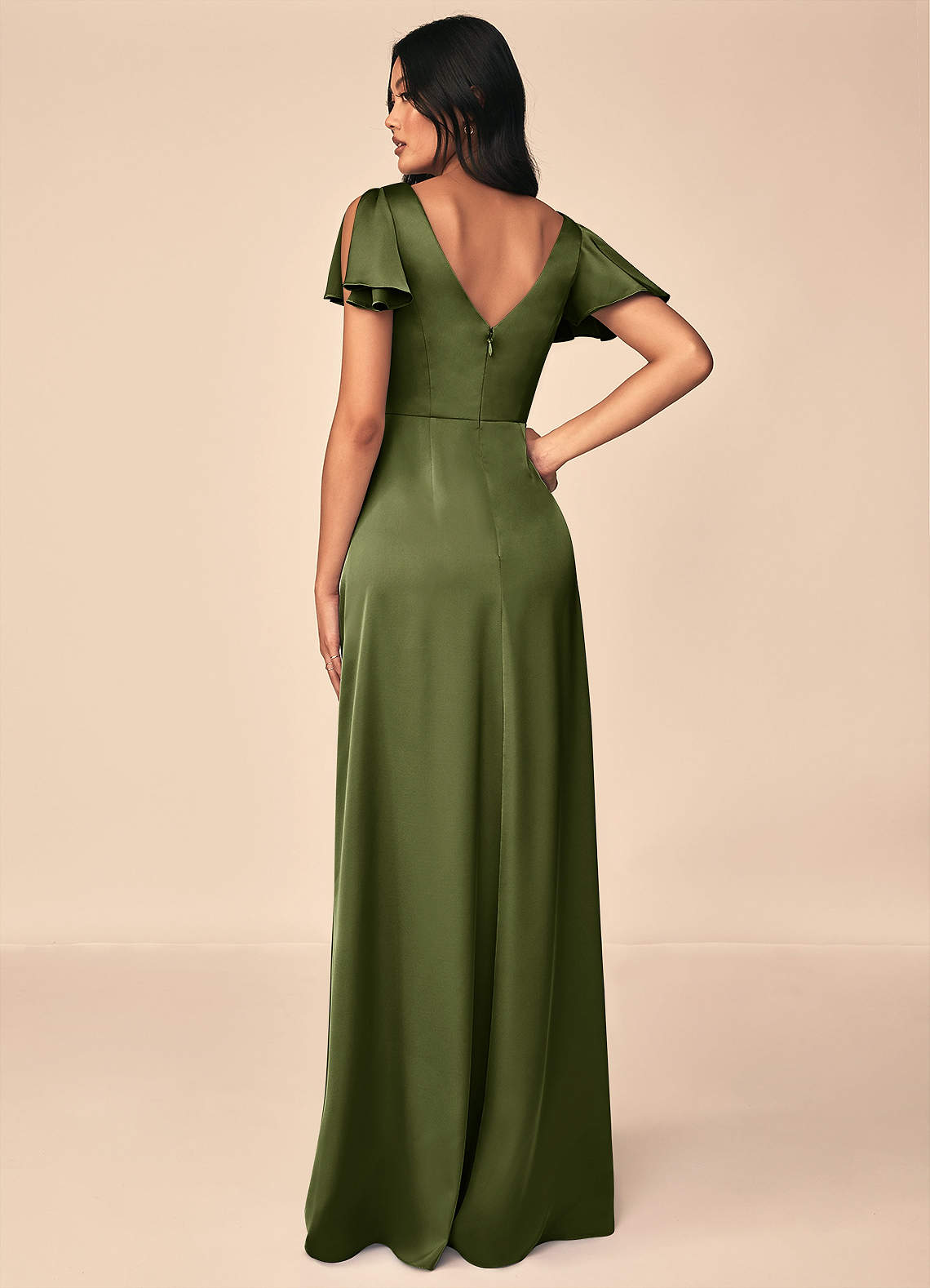 Azazie Soren Bridesmaid Dresses Olive A-Line Pleated Stretch Satin Dress image1