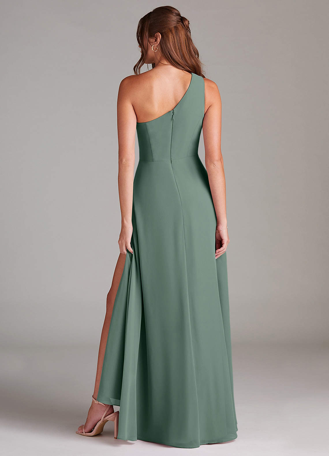 Azazie Brooke Bridesmaid Dresses Eucalyptus A-Line One Shoulder Chiffon Dress image6