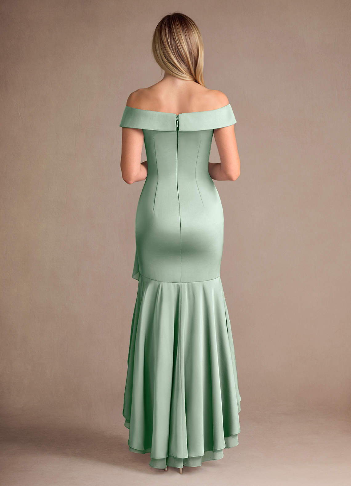 Azazie Billings Mother of the Bride Dresses Agave Mermaid Off the Shoulder Stretch Satin Dress image3