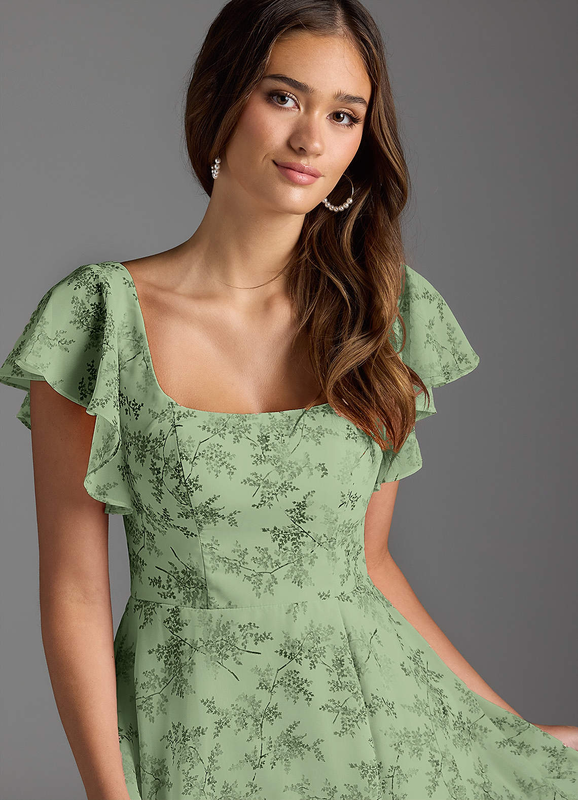 Azazie Bondi Bridesmaid Dresses Green Fern Floral A-Line Ruffled Chiffon Dress image5