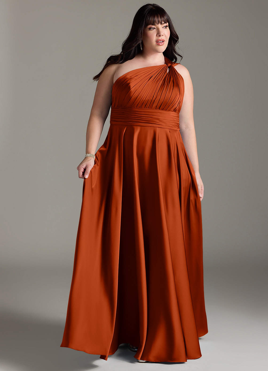 Azazie Charlize Bridesmaid Dresses Paprika A-Line One Shoulder Stretch Satin Dress image10