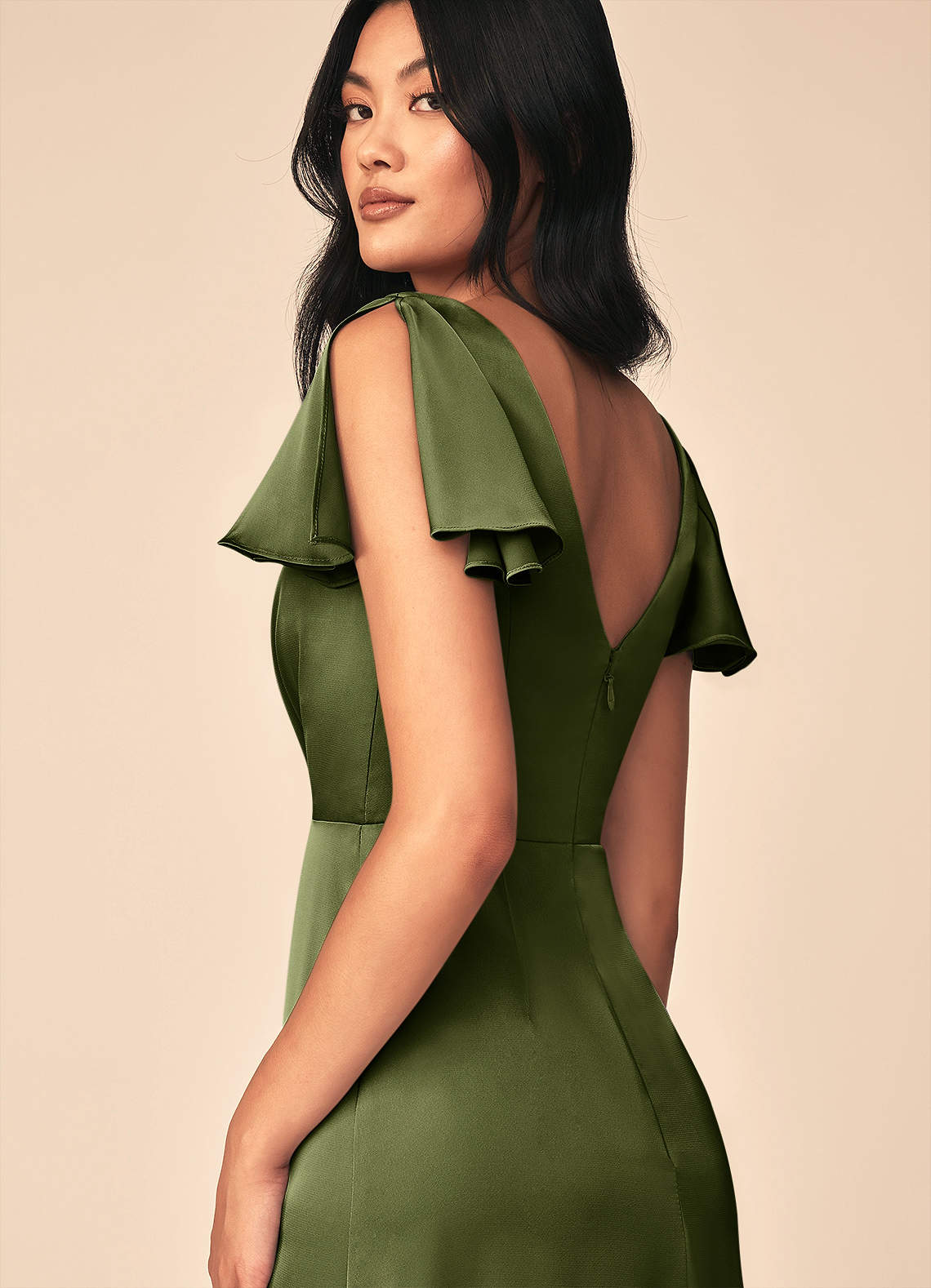 Azazie Soren Bridesmaid Dresses Olive A-Line Pleated Stretch Satin Dress image4