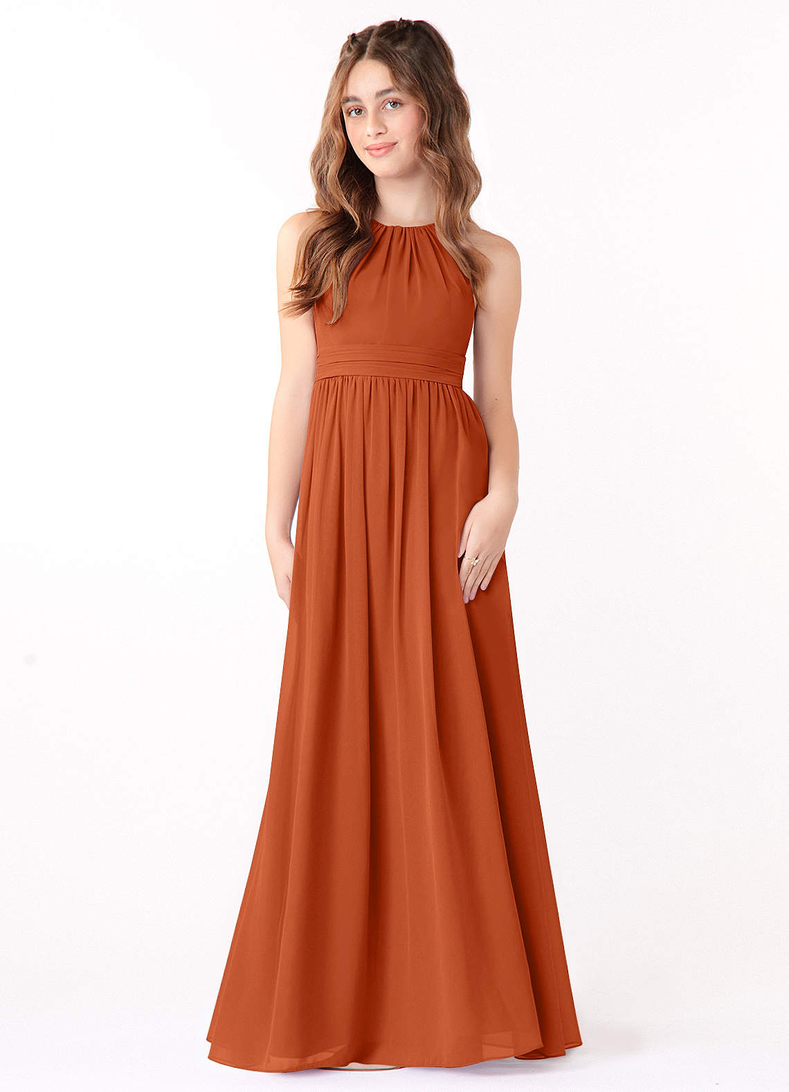 Azazie Jaylah Junior Burnt Orange A-Line Ruched Chiffon Dress image1