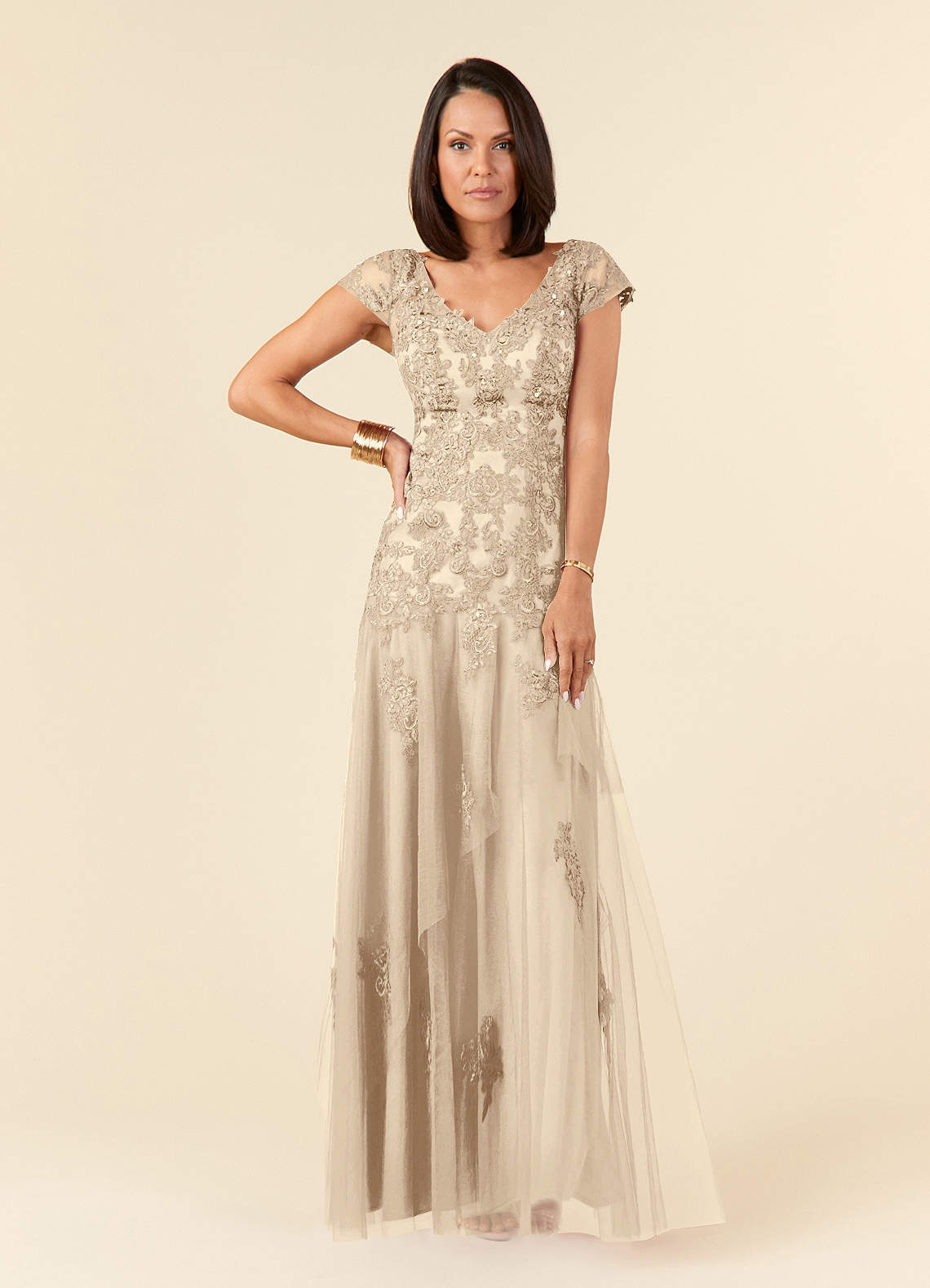 Azazie Romy Mother of the Bride Dresses Champagne Mermaid V-Neck Sequins Tulle Dress image1