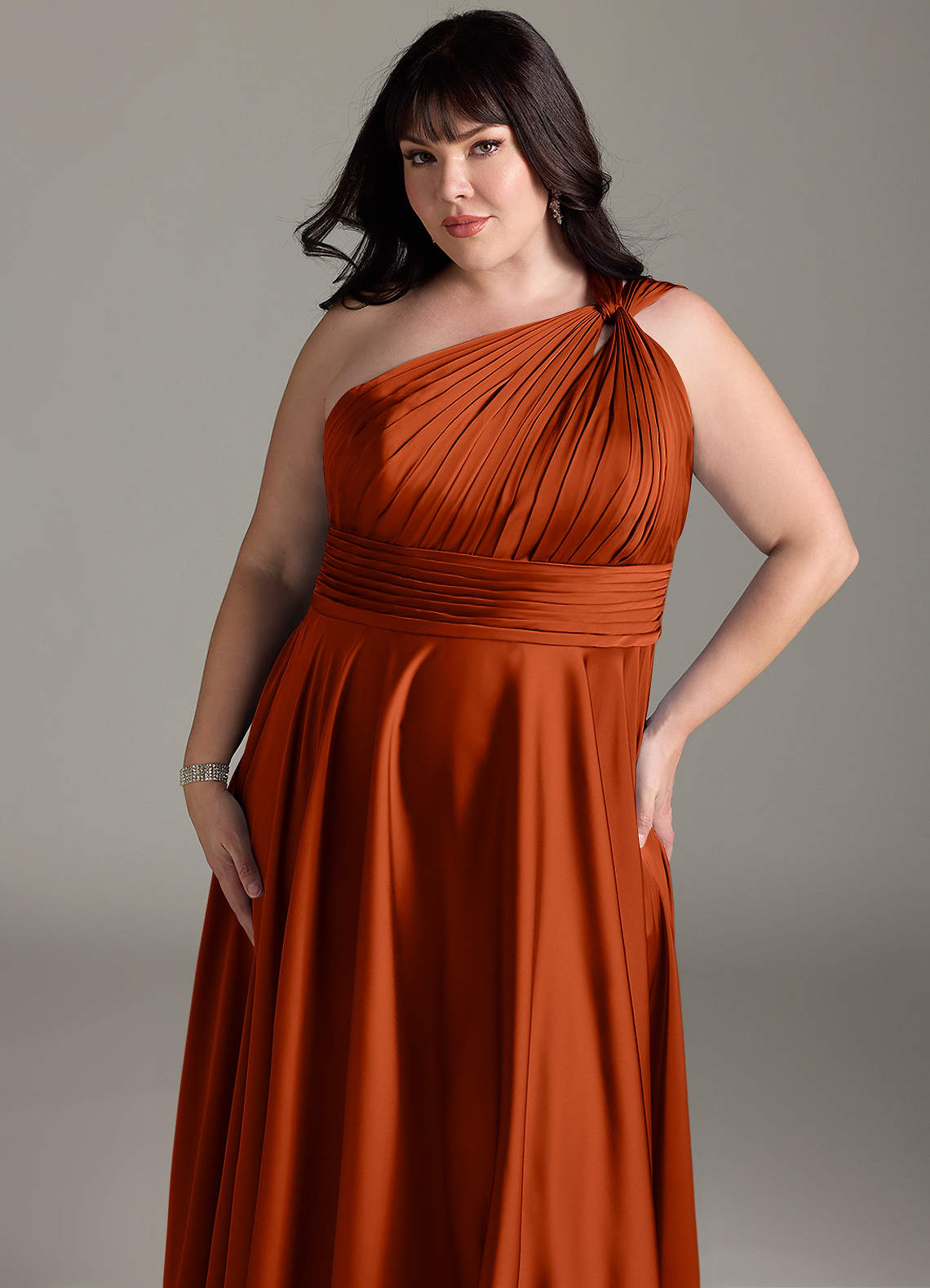 Azazie Charlize Bridesmaid Dresses Paprika A-Line One Shoulder Stretch Satin Dress image13