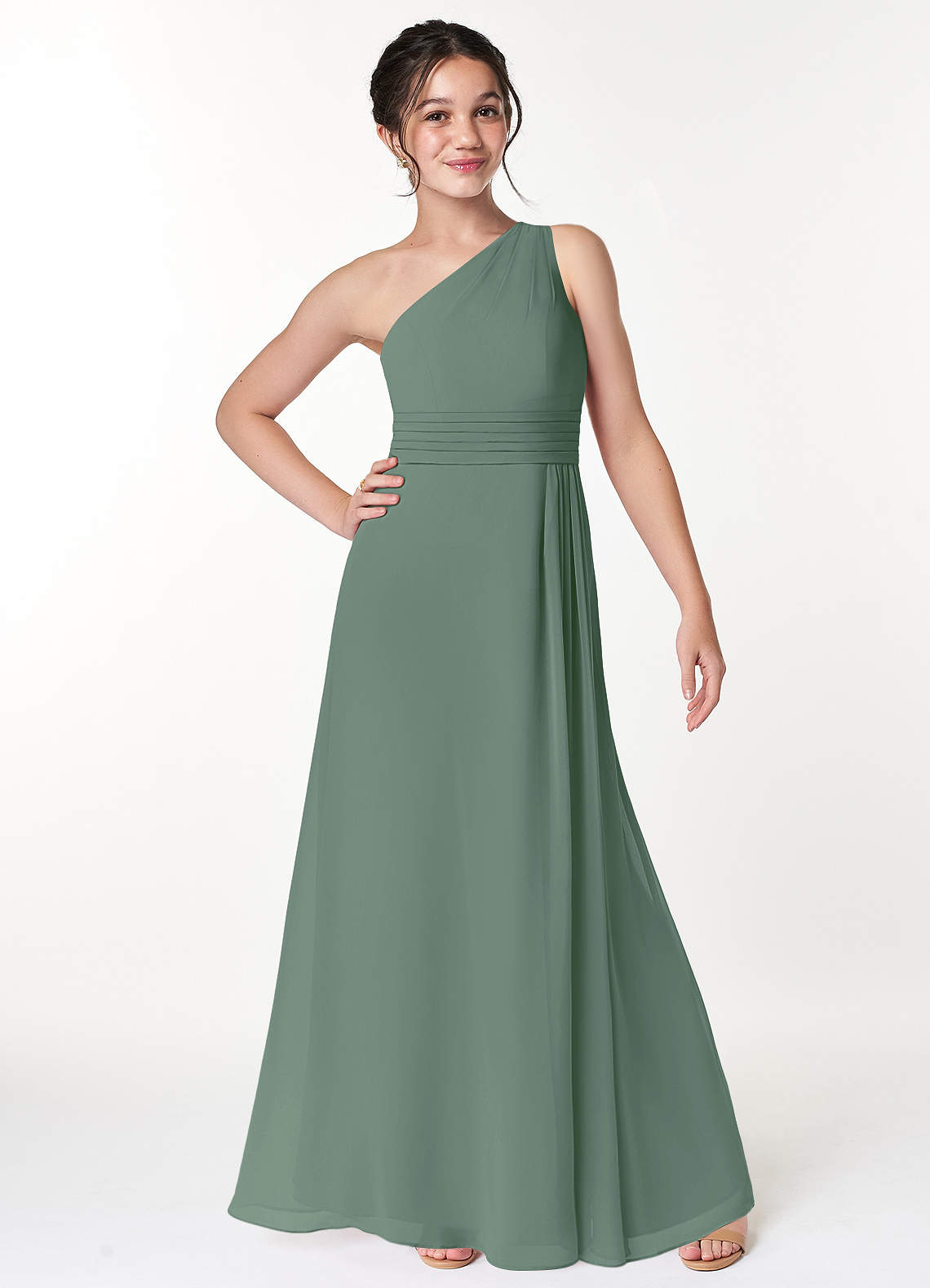 Azazie Cleo Junior Eucalyptus A-Line Pleated Chiffon Dress image3