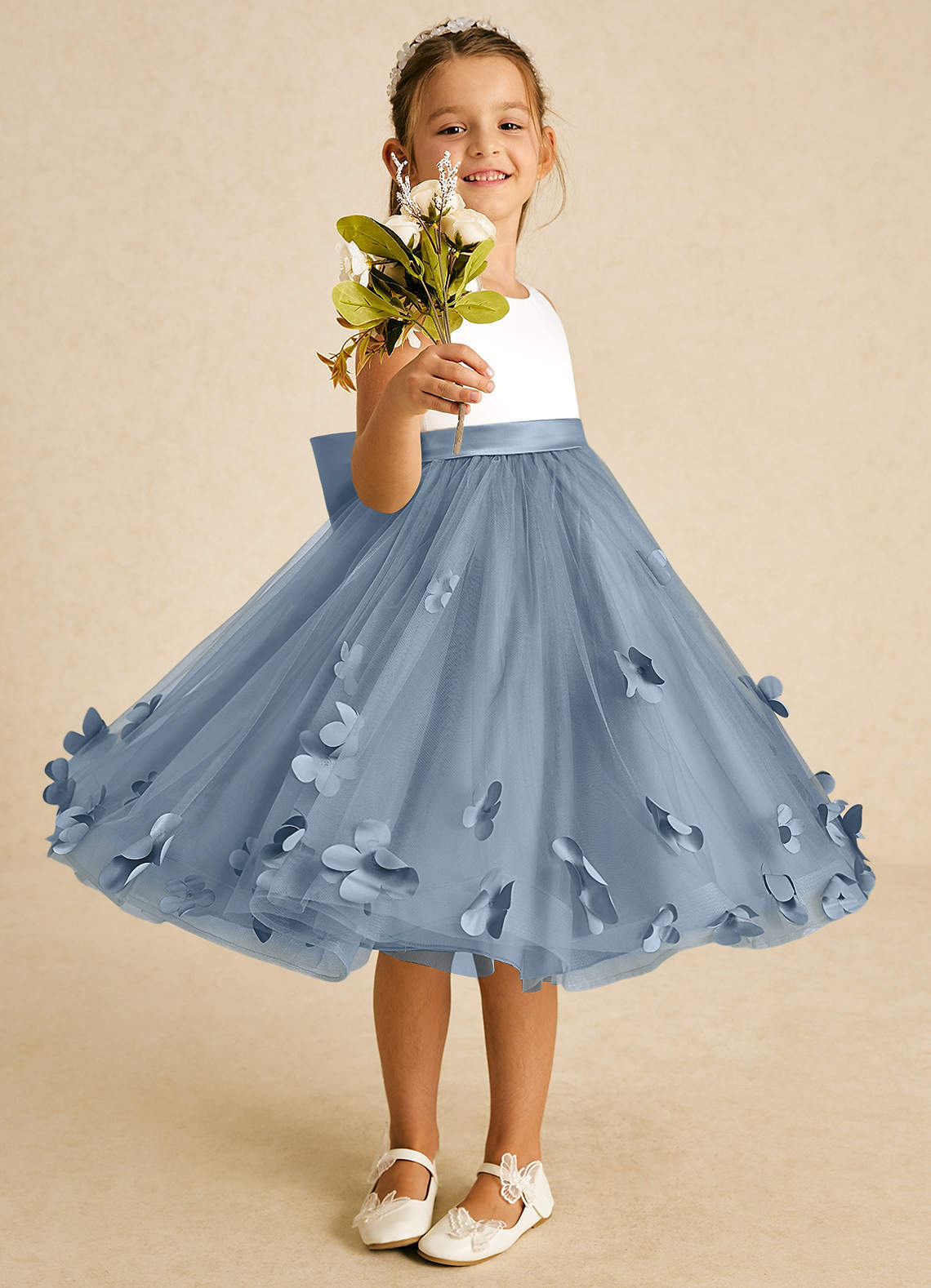 Azazie Sprout Flower Girl Dresses Dusty Blue A-Line Bow Tulle Dress image1