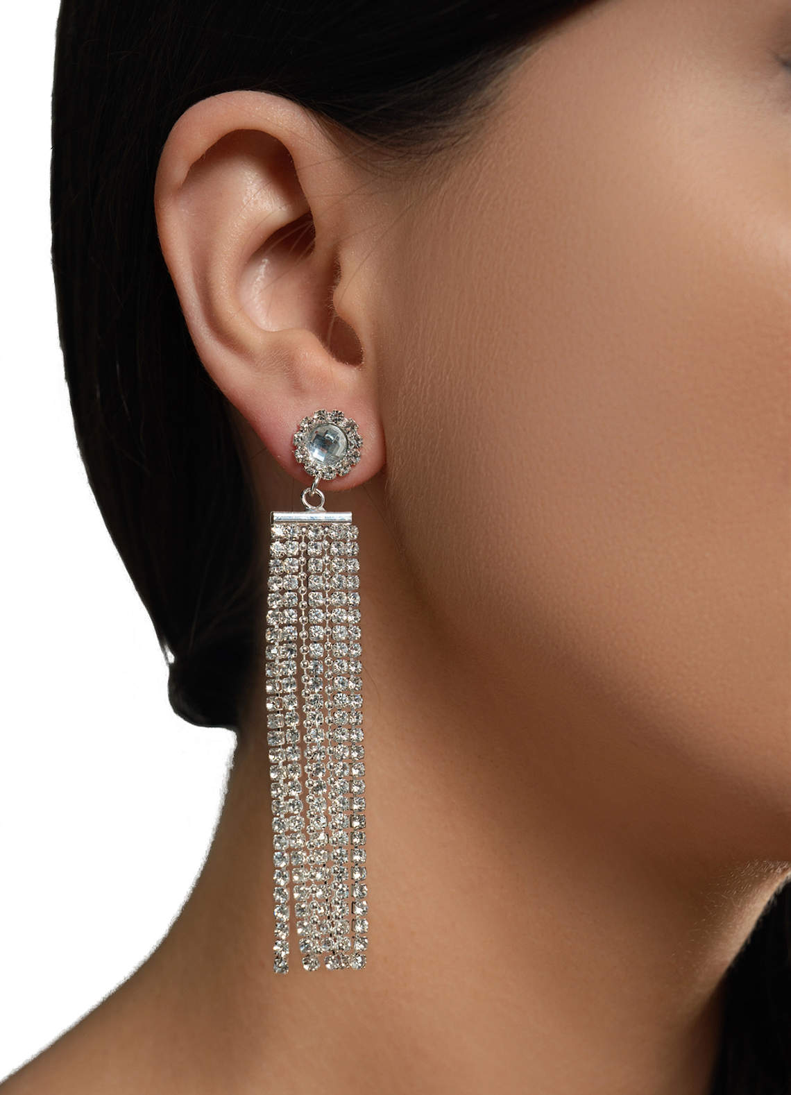 front Fashionable Rhinestone Tassel Earrings