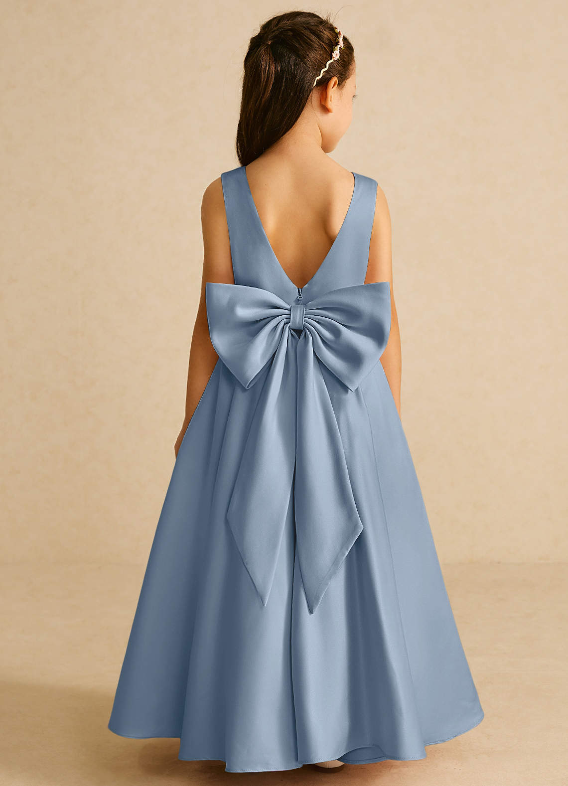 Azazie Pipsy Flower Girl Dresses Dusty Blue A-Line Bow Matte Satin Dress image1