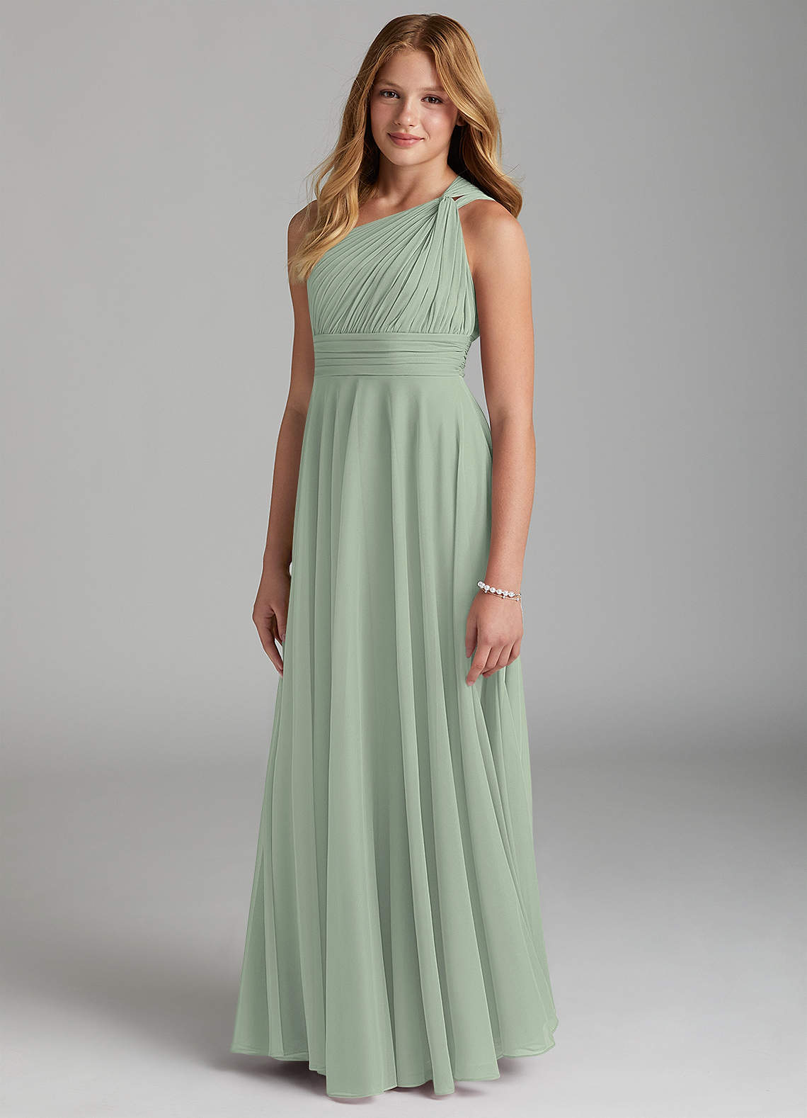 Azazie Charlize Junior Dusty Sage A-Line Mesh Dress image2