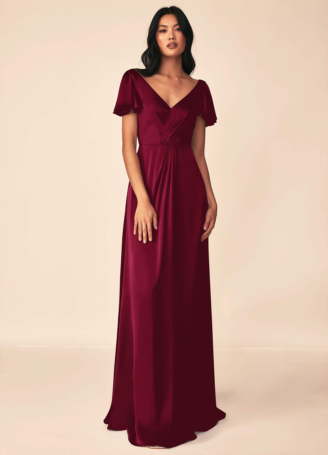 Azazie Soren Bridesmaid Dresses Burgundy A-Line Pleated Stretch Satin Dress image1