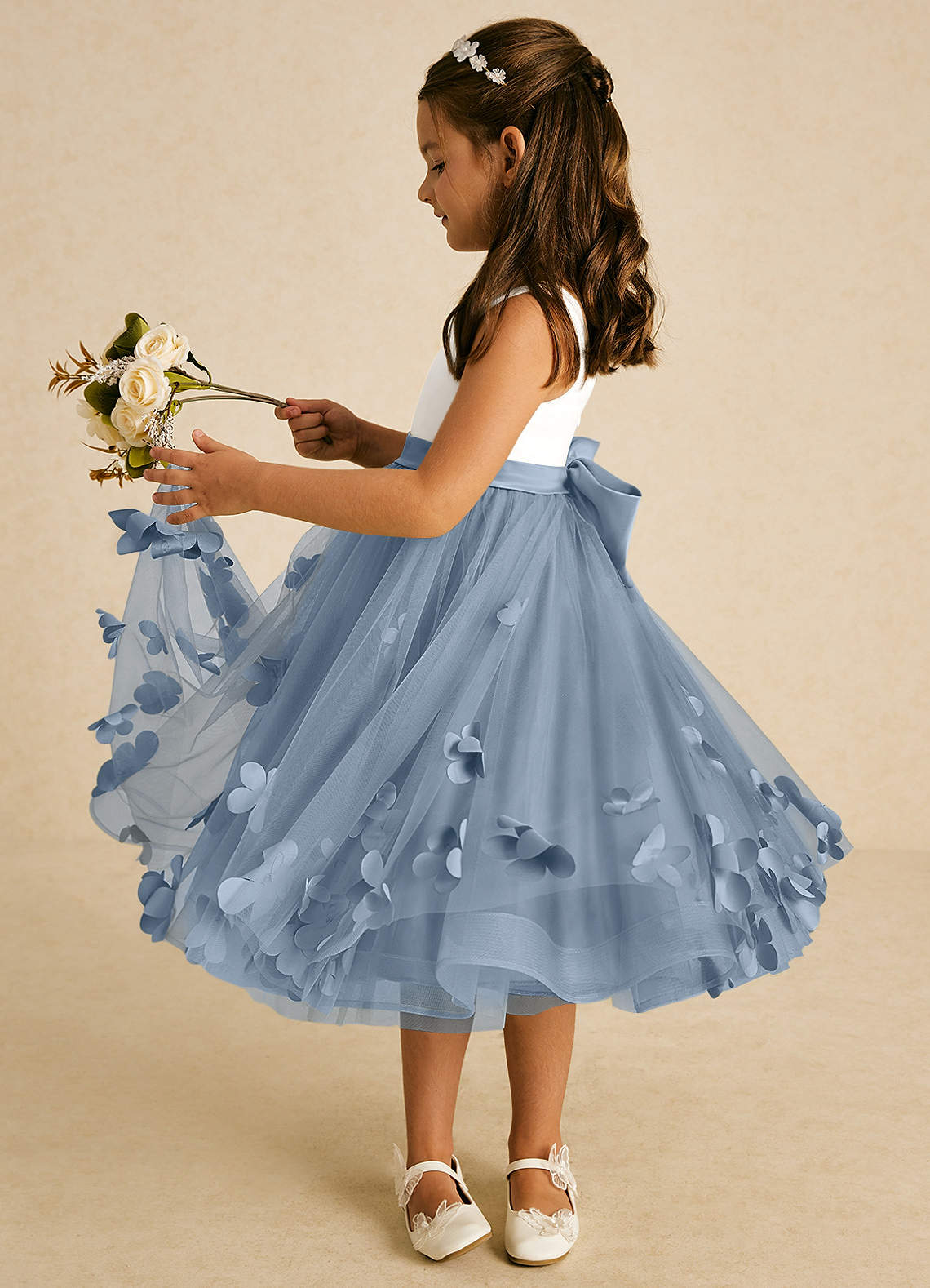 Azazie Sprout Flower Girl Dresses Dusty Blue A-Line Bow Tulle Dress image3
