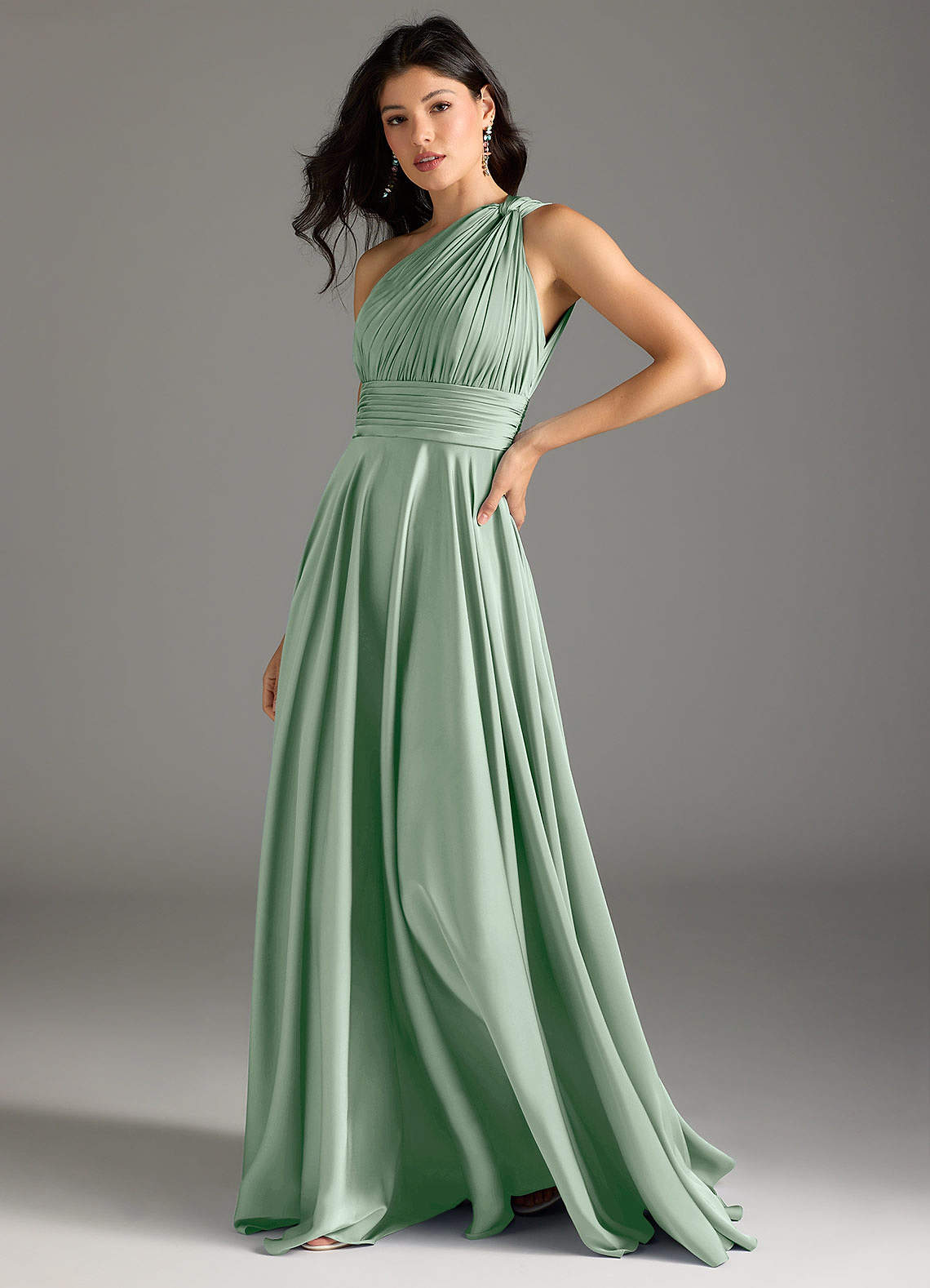 Azazie Charlize At-home Try On Dresses Agave A-Line One Shoulder Stretch Satin Dress image3